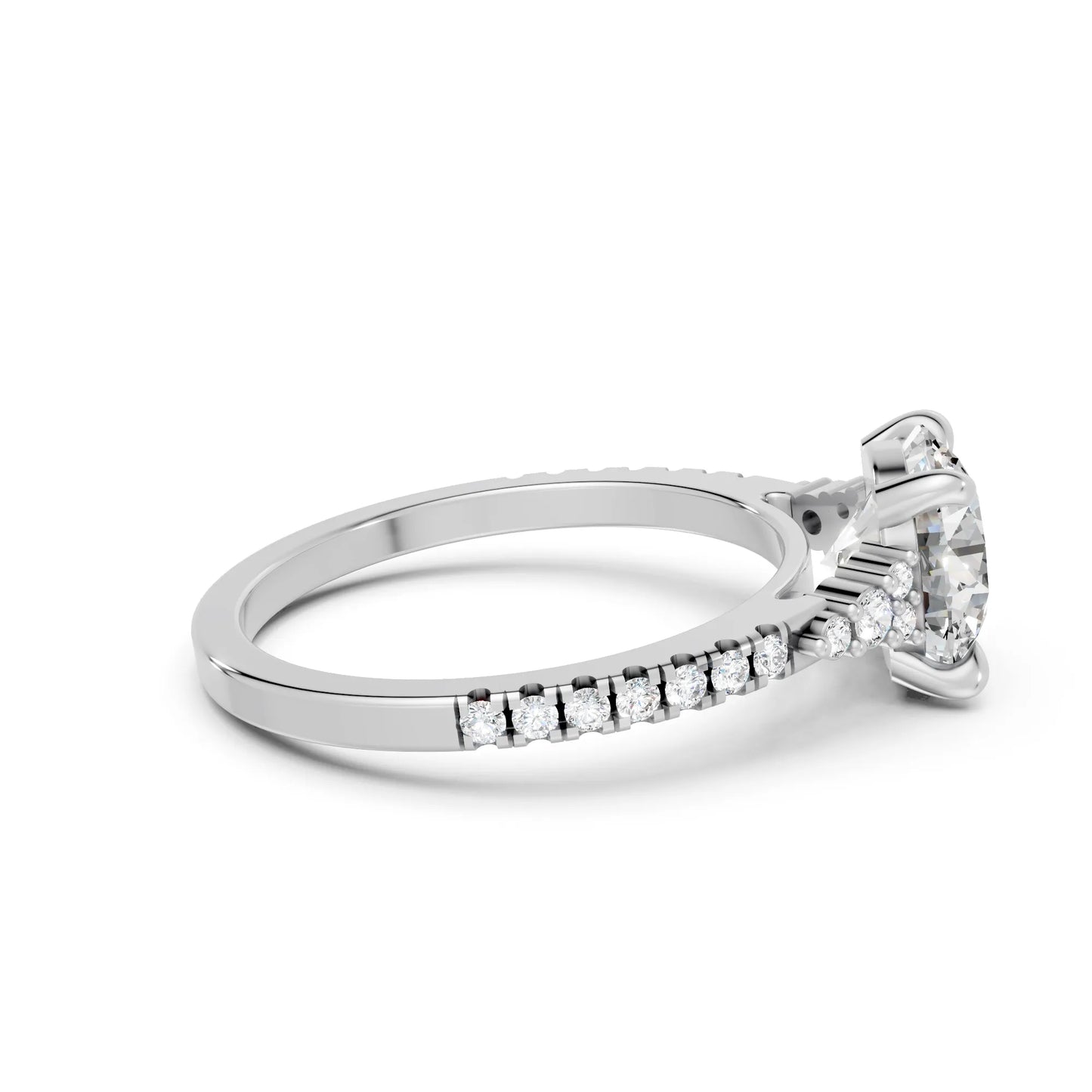 14K Gold Round Cut Diamond Side Cluster Cathedral Engagement Ring with Side Accents