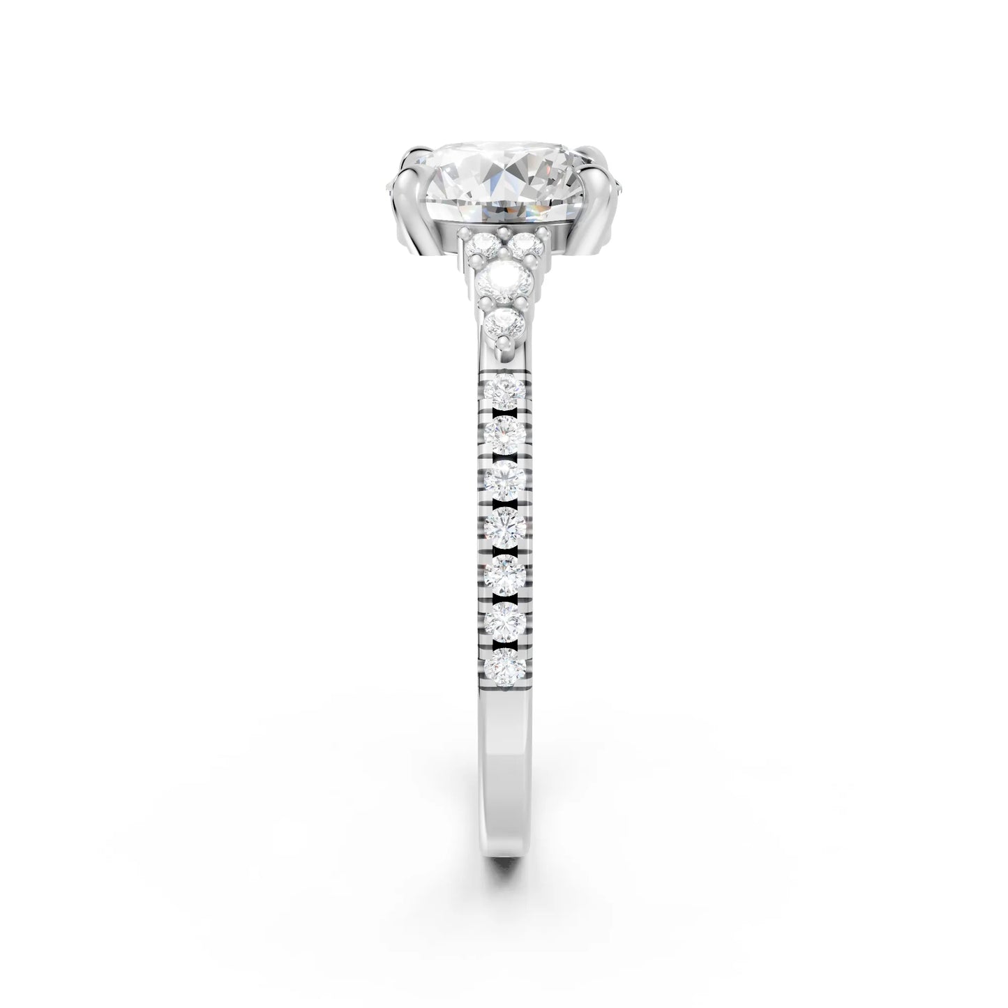 14K Gold Round Cut Diamond Side Cluster Cathedral Engagement Ring with Side Accents