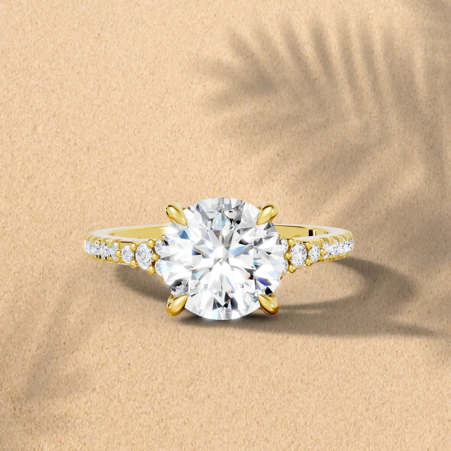 14K Gold Round Cut Diamond Side Cluster Cathedral Engagement Ring with Side Accents