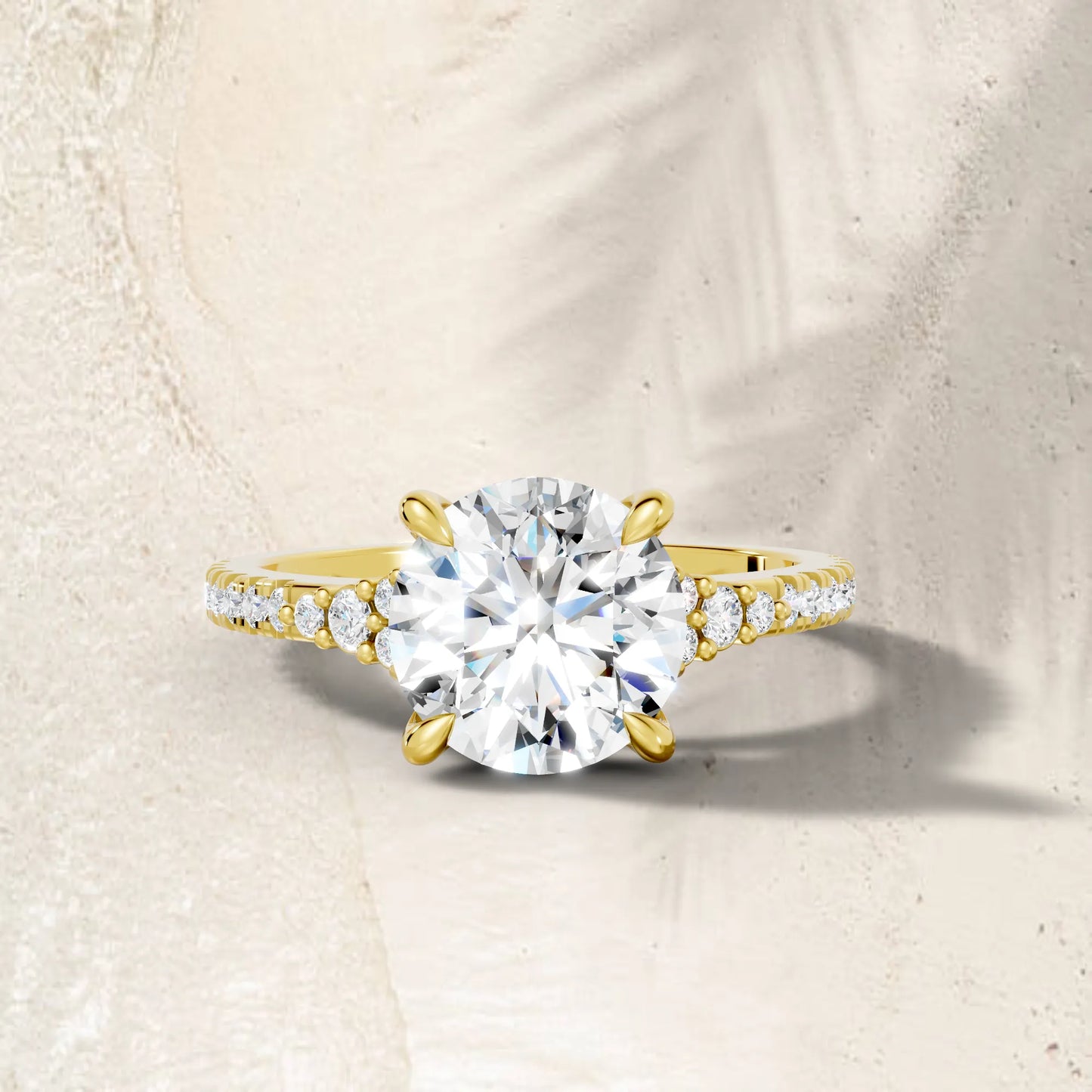 14K Gold Round Cut Diamond Side Cluster Cathedral Engagement Ring with Side Accents