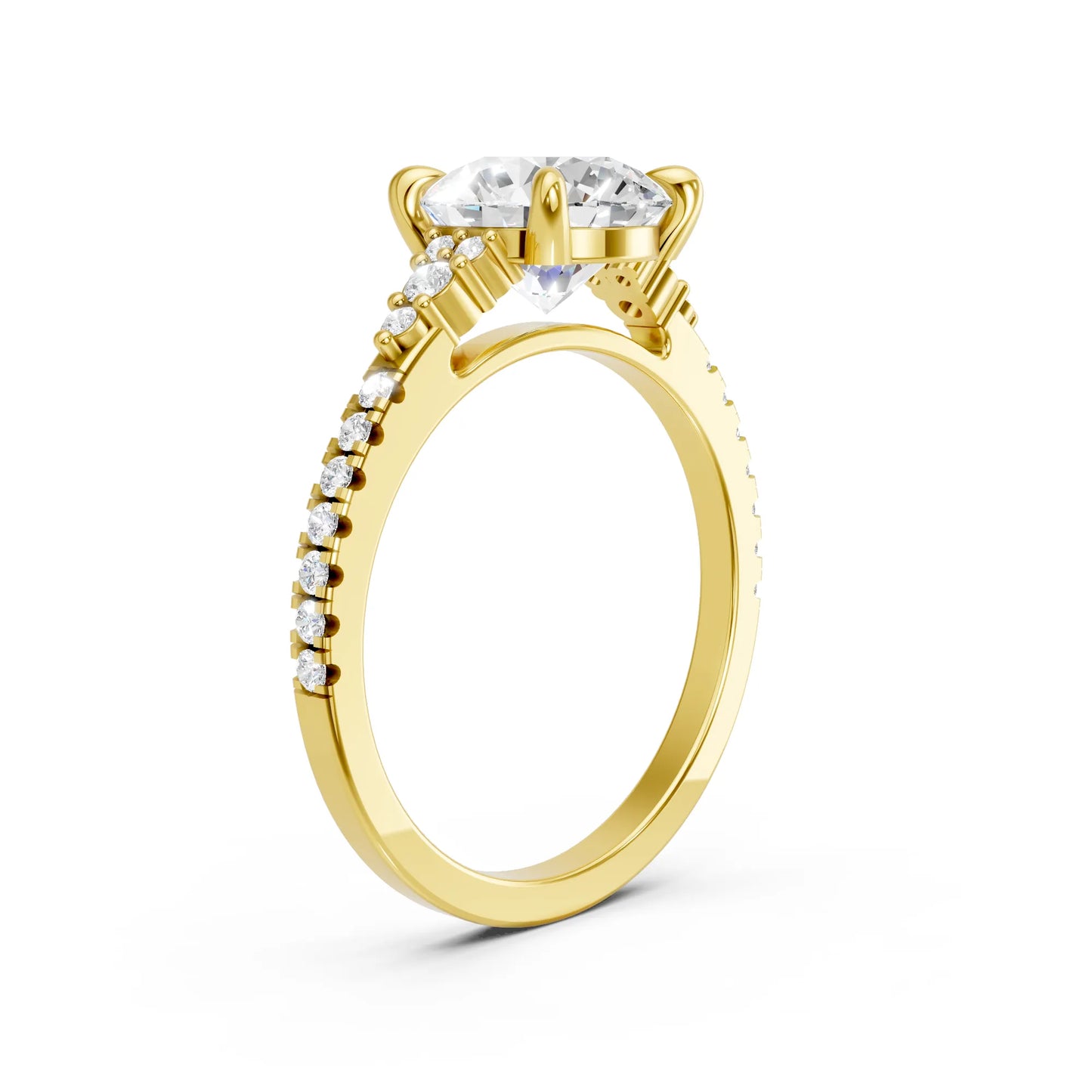 14K Gold Round Cut Diamond Side Cluster Cathedral Engagement Ring with Side Accents