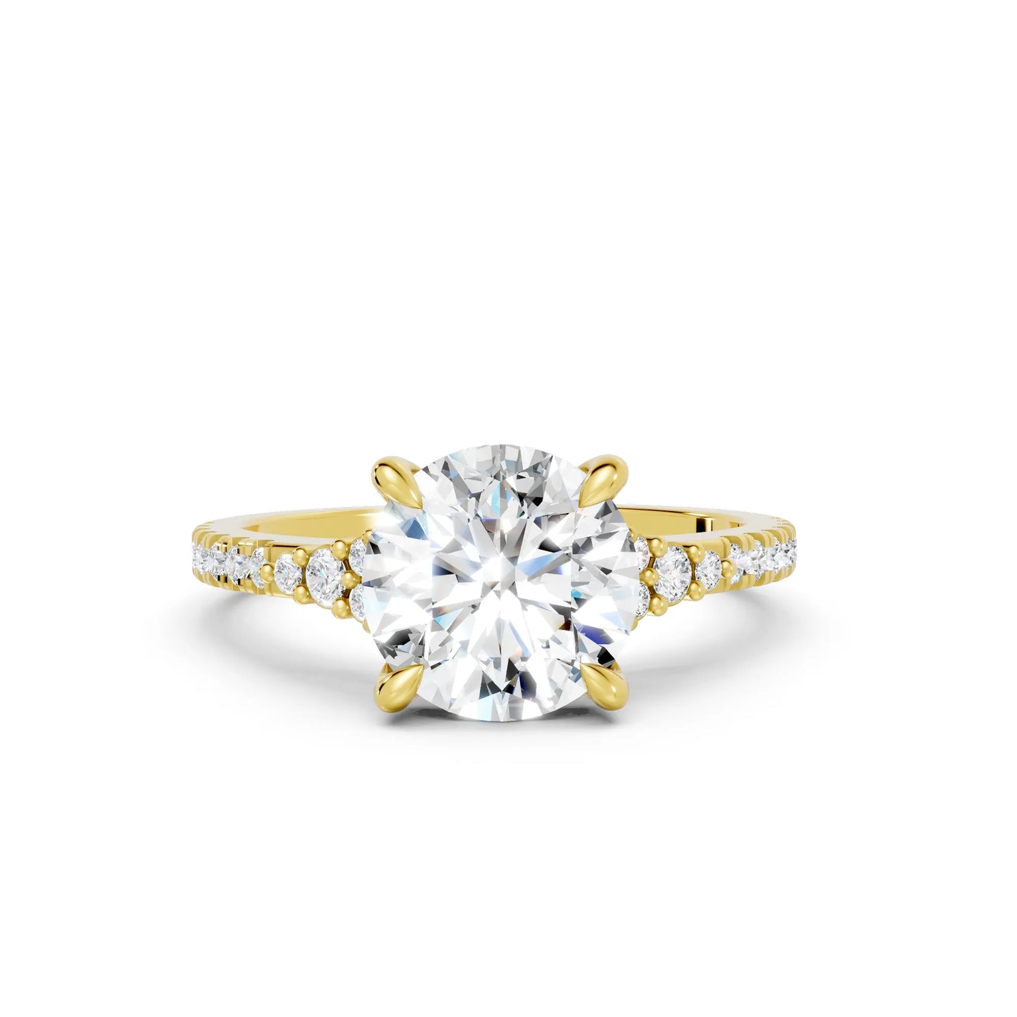 14K Gold Round Cut Diamond Side Cluster Cathedral Engagement Ring with Side Accents
