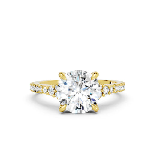 14K Gold Round Cut Diamond Side Cluster Cathedral Engagement Ring with Side Accents