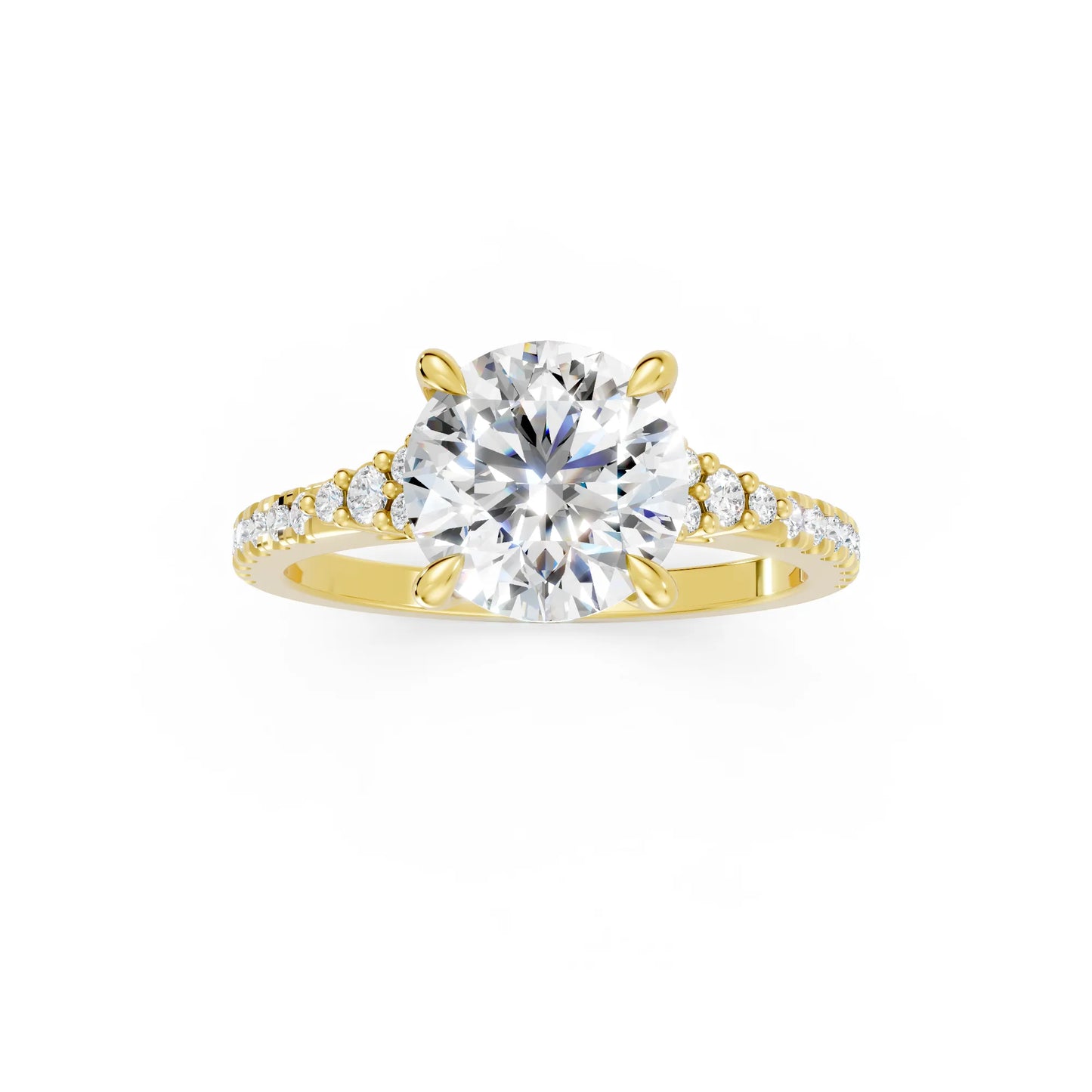 14K Gold Round Cut Diamond Side Cluster Cathedral Engagement Ring with Side Accents