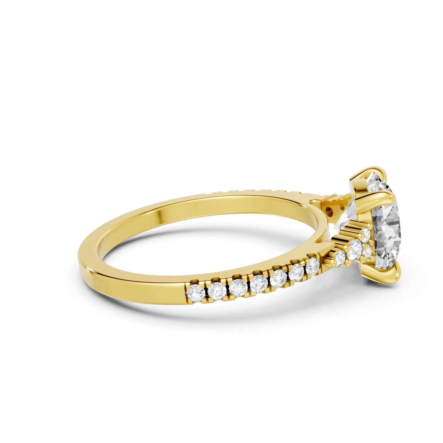 14K Gold Round Cut Diamond Side Cluster Cathedral Engagement Ring with Side Accents