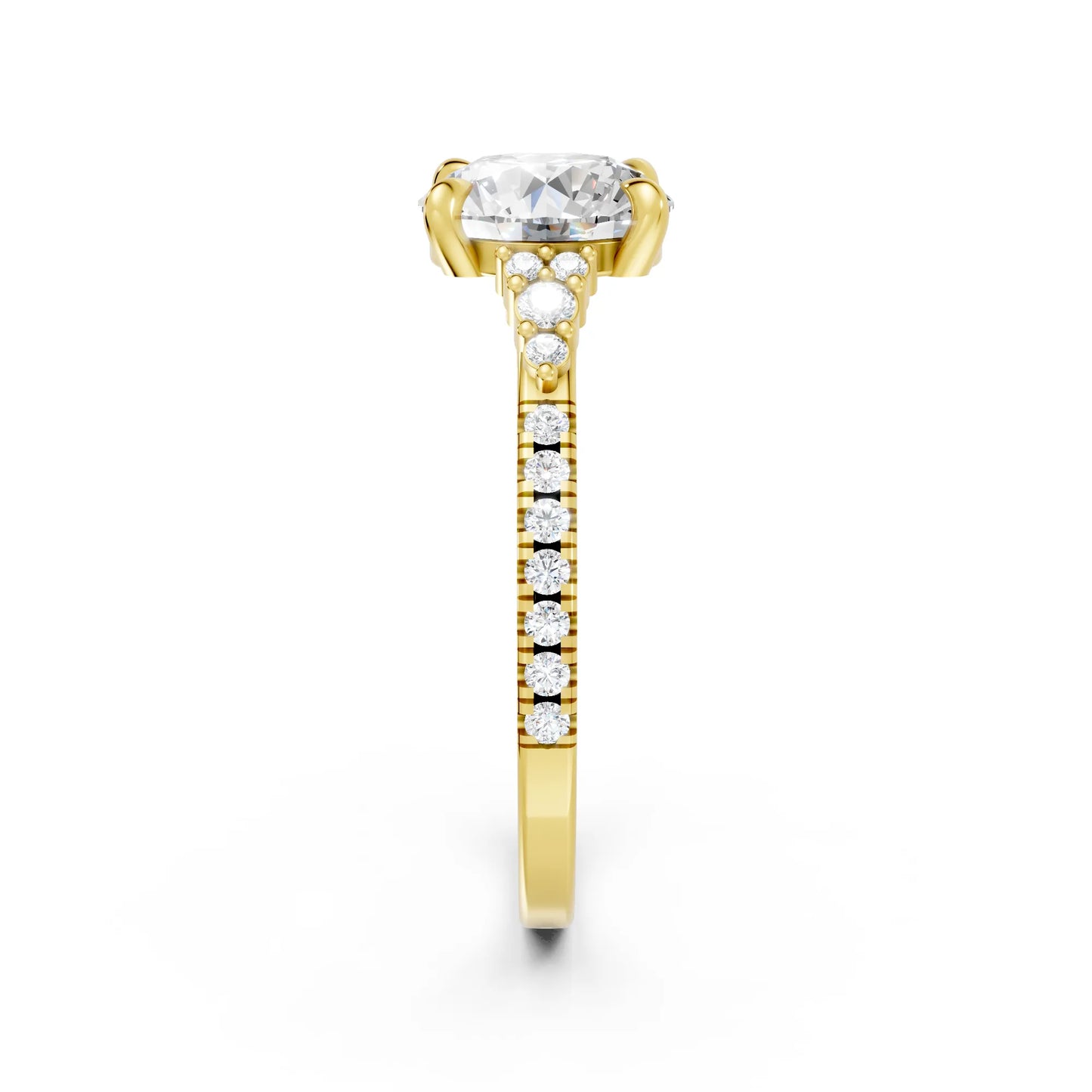 14K Gold Round Cut Diamond Side Cluster Cathedral Engagement Ring with Side Accents