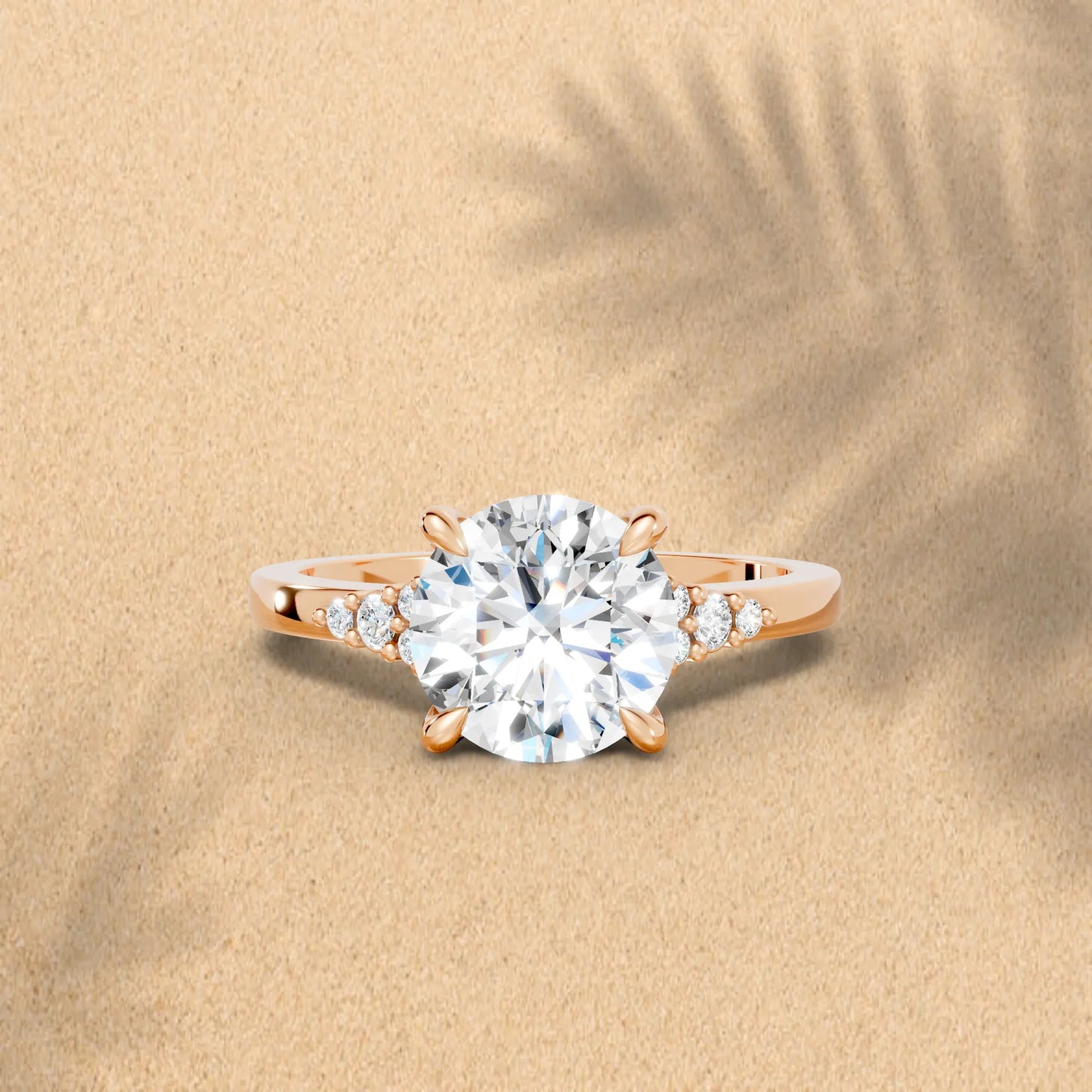 14K Gold Round Cut Diamond Side Cluster Cathedral Engagement Ring