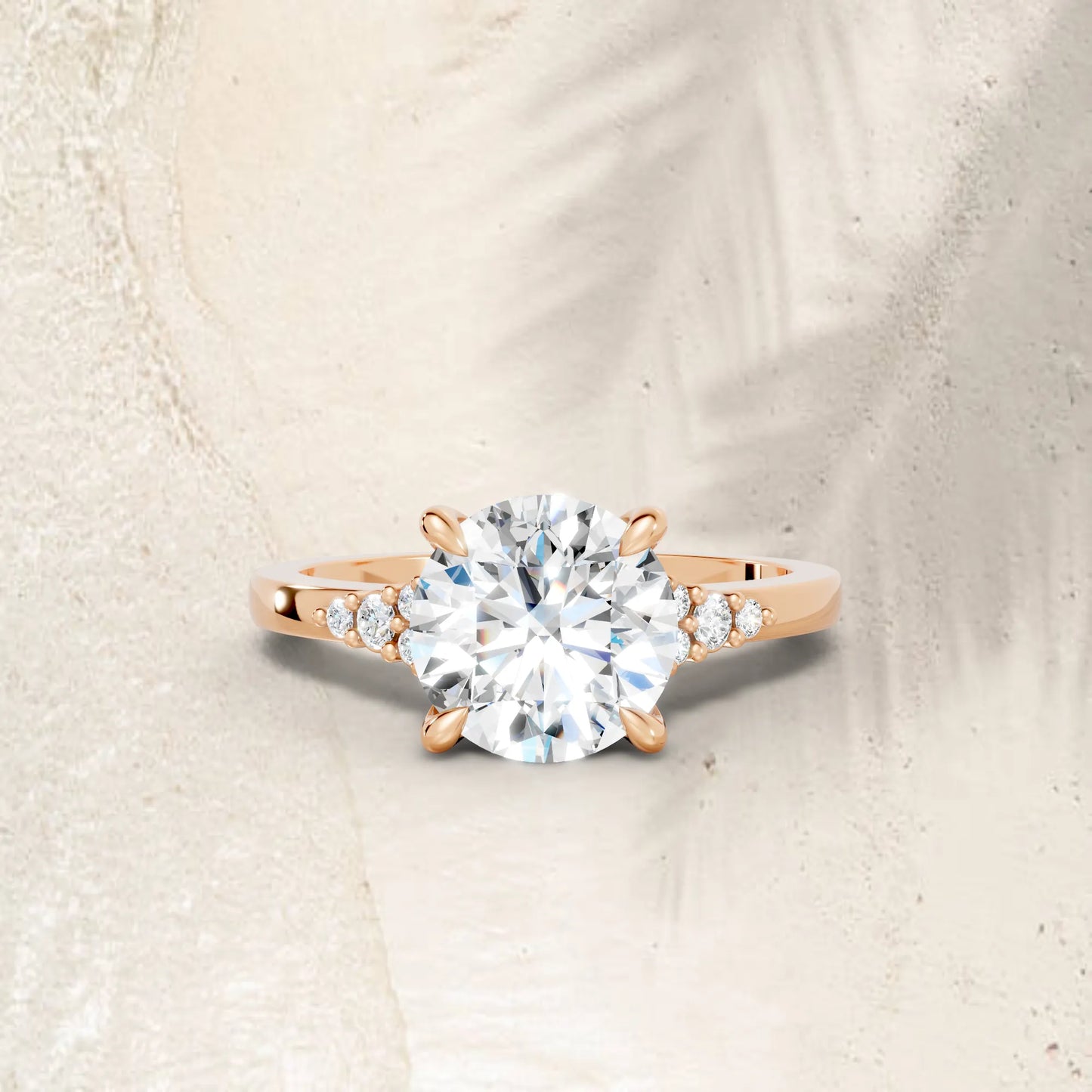 14K Gold Round Cut Diamond Side Cluster Cathedral Engagement Ring