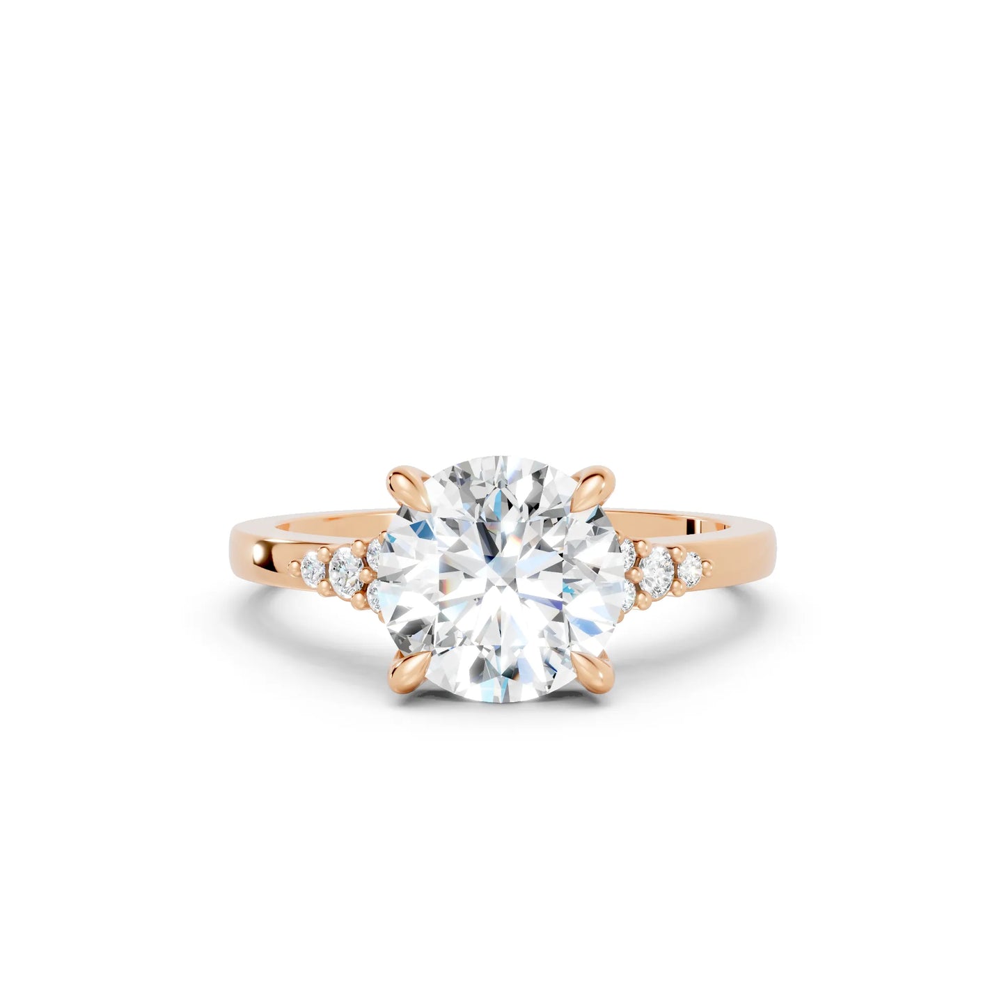 14K Gold Round Cut Diamond Side Cluster Cathedral Engagement Ring