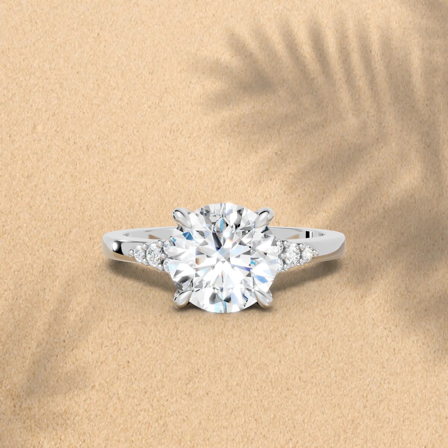 14K Gold Round Cut Diamond Side Cluster Cathedral Engagement Ring