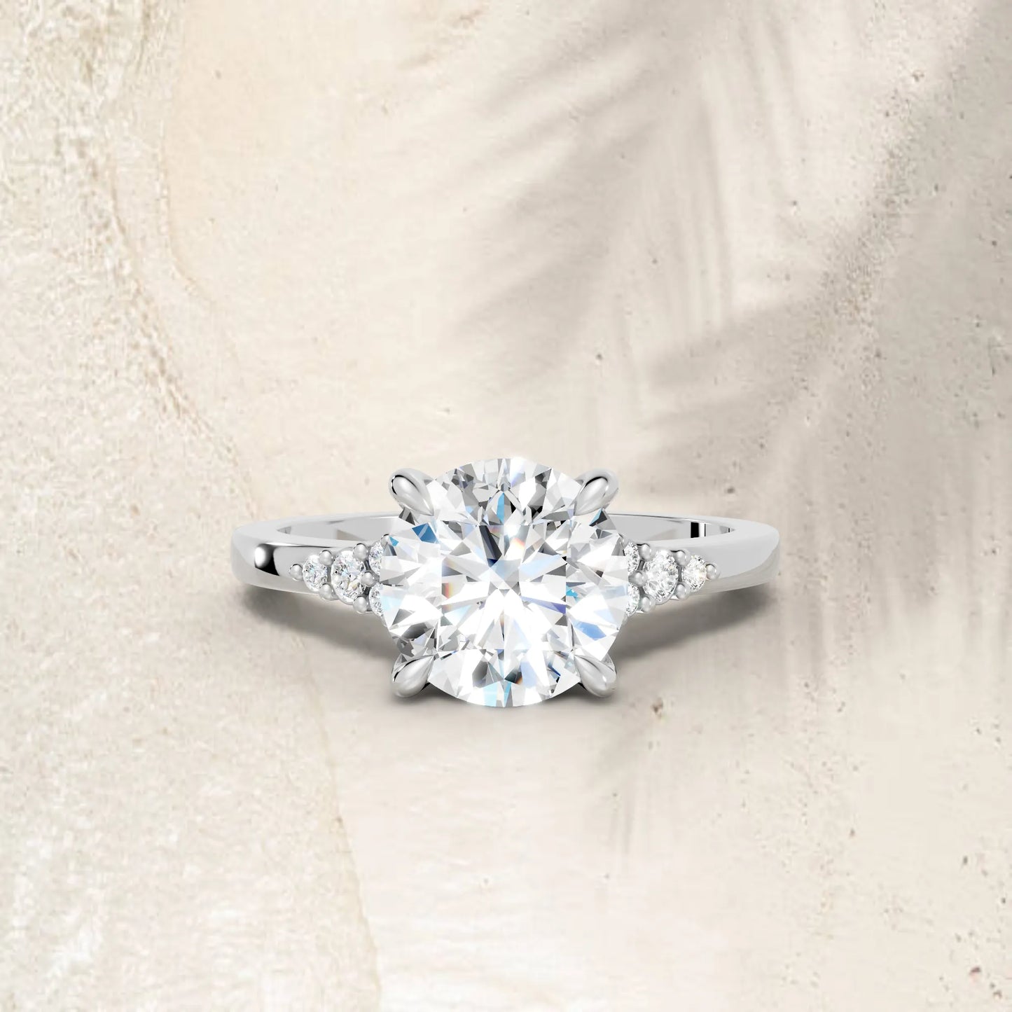 14K Gold Round Cut Diamond Side Cluster Cathedral Engagement Ring