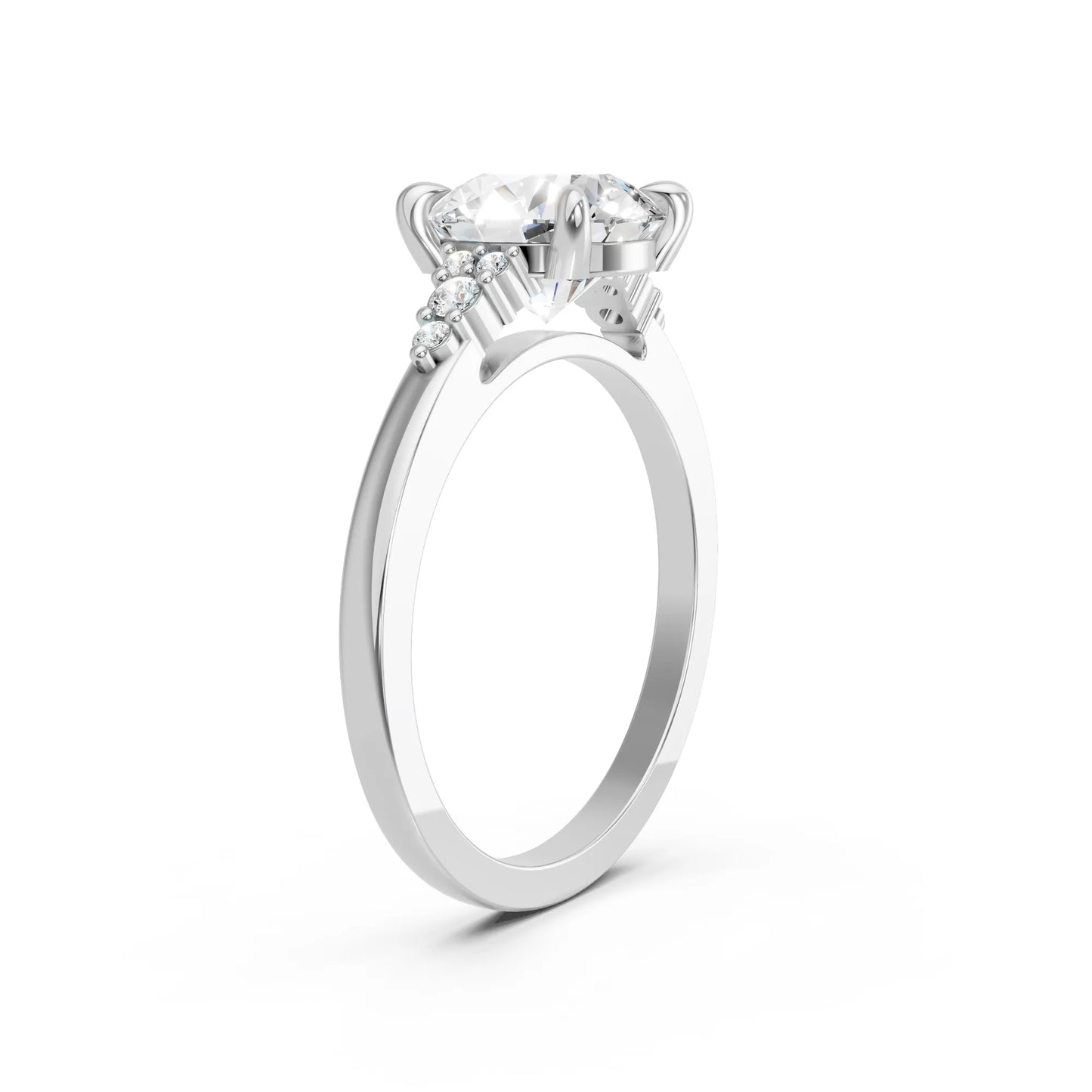 14K Gold Round Cut Diamond Side Cluster Cathedral Engagement Ring
