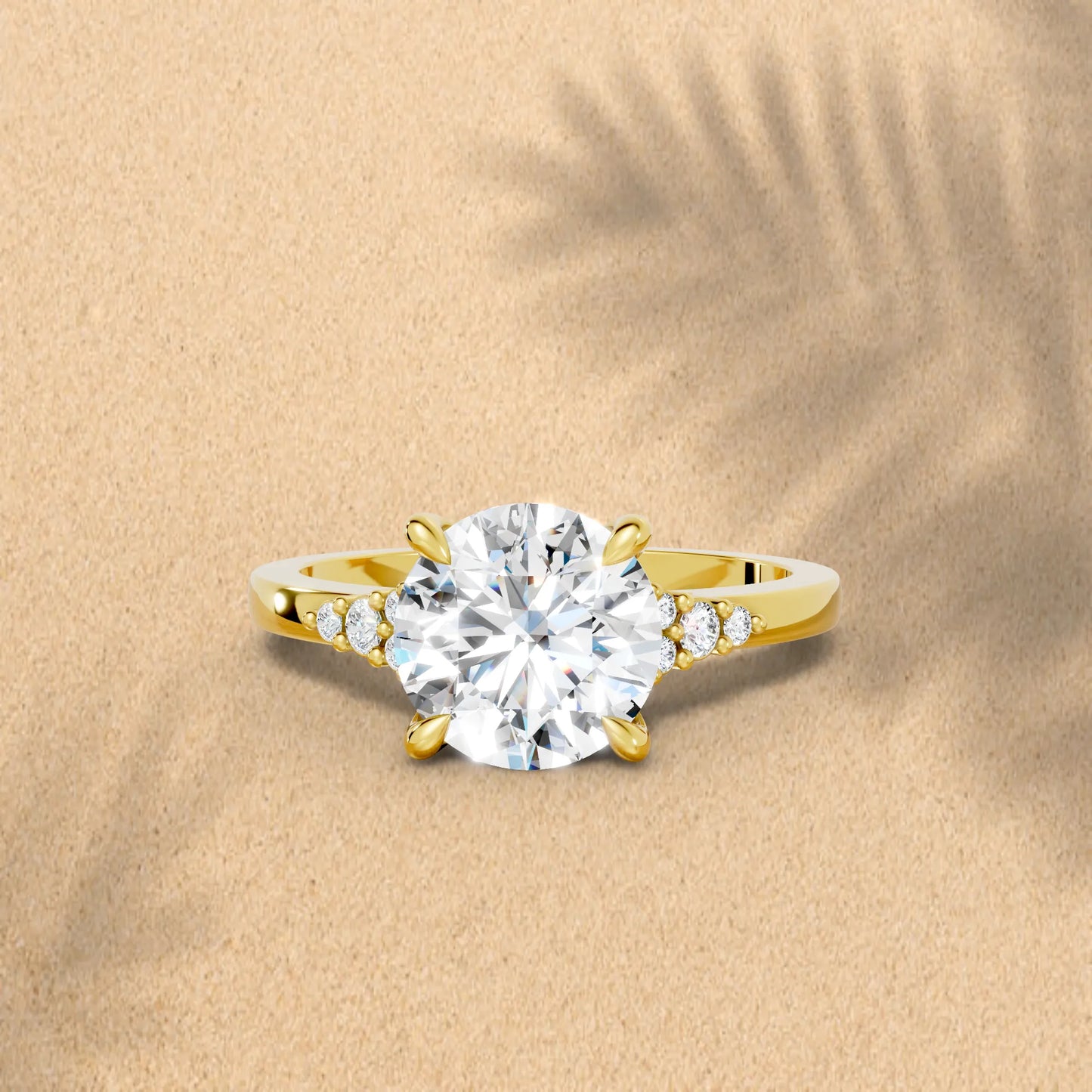 14K Gold Round Cut Diamond Side Cluster Cathedral Engagement Ring