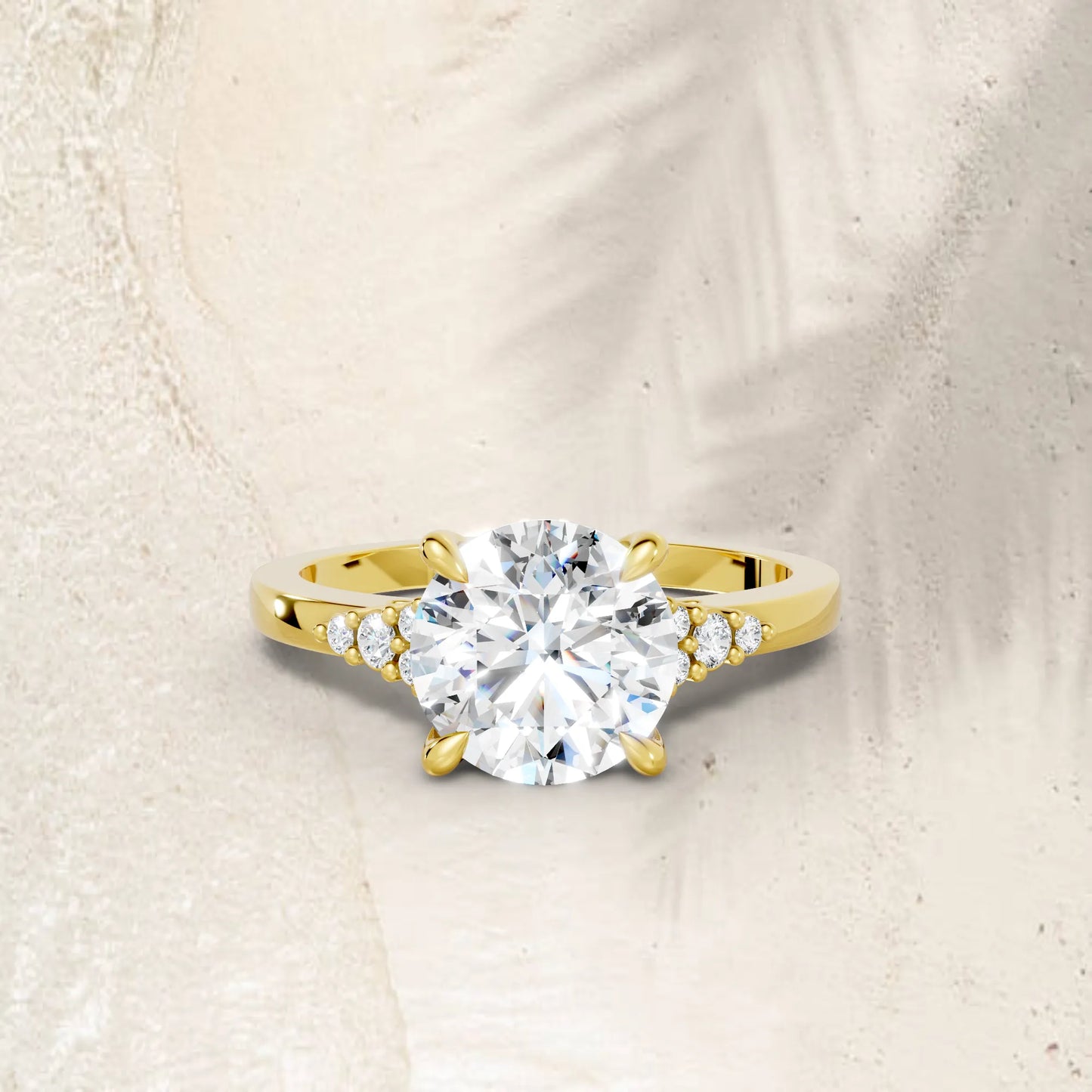 14K Gold Round Cut Diamond Side Cluster Cathedral Engagement Ring