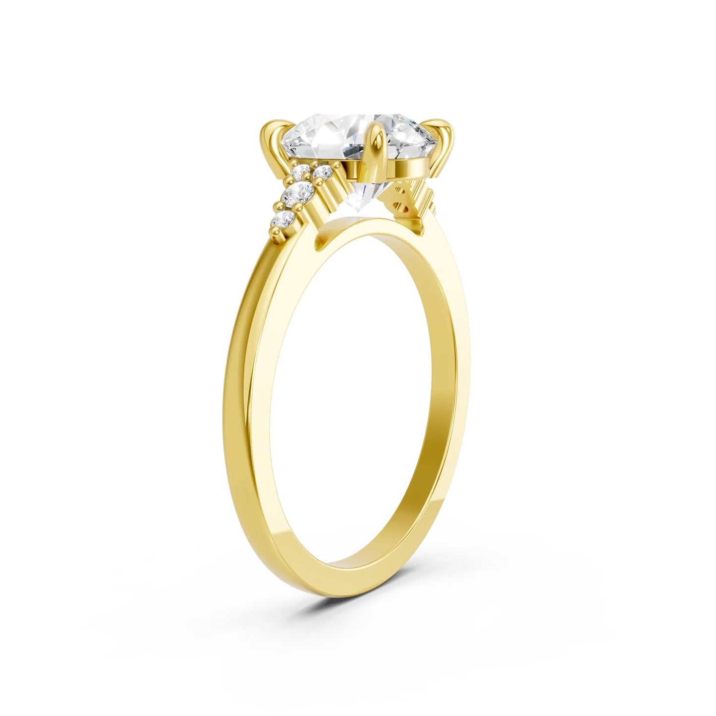 14K Gold Round Cut Diamond Side Cluster Cathedral Engagement Ring