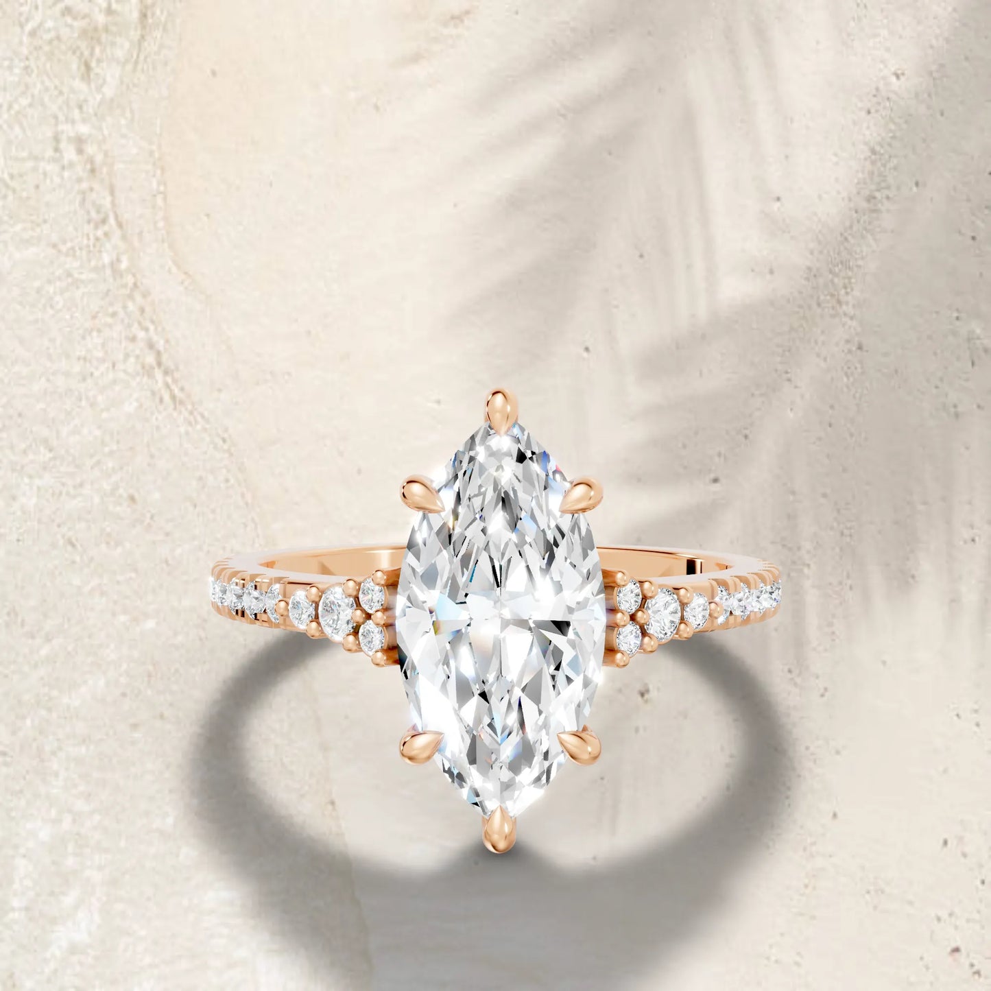 14K Gold Marquise Cut Diamond Side Cluster Cathedral Engagement Ring with Side Accents