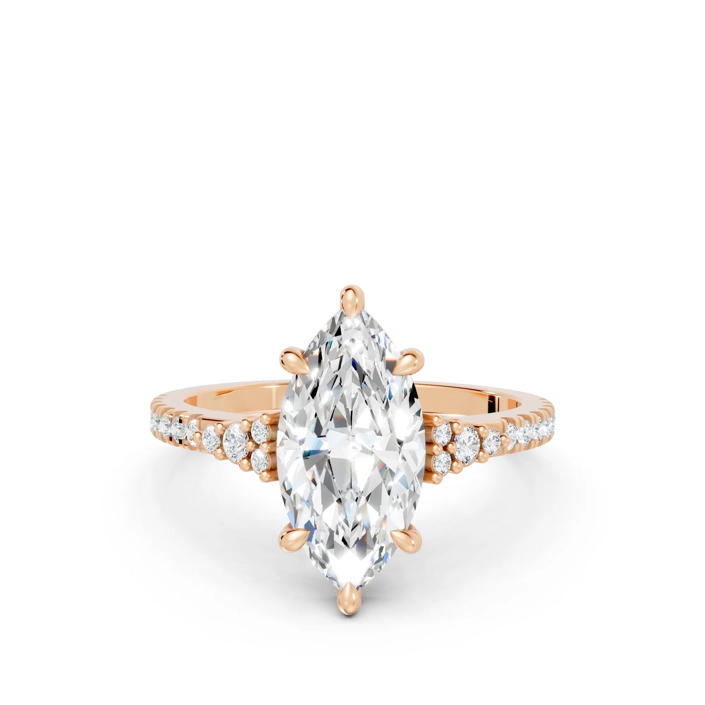 14K Gold Marquise Cut Diamond Side Cluster Cathedral Engagement Ring with Side Accents