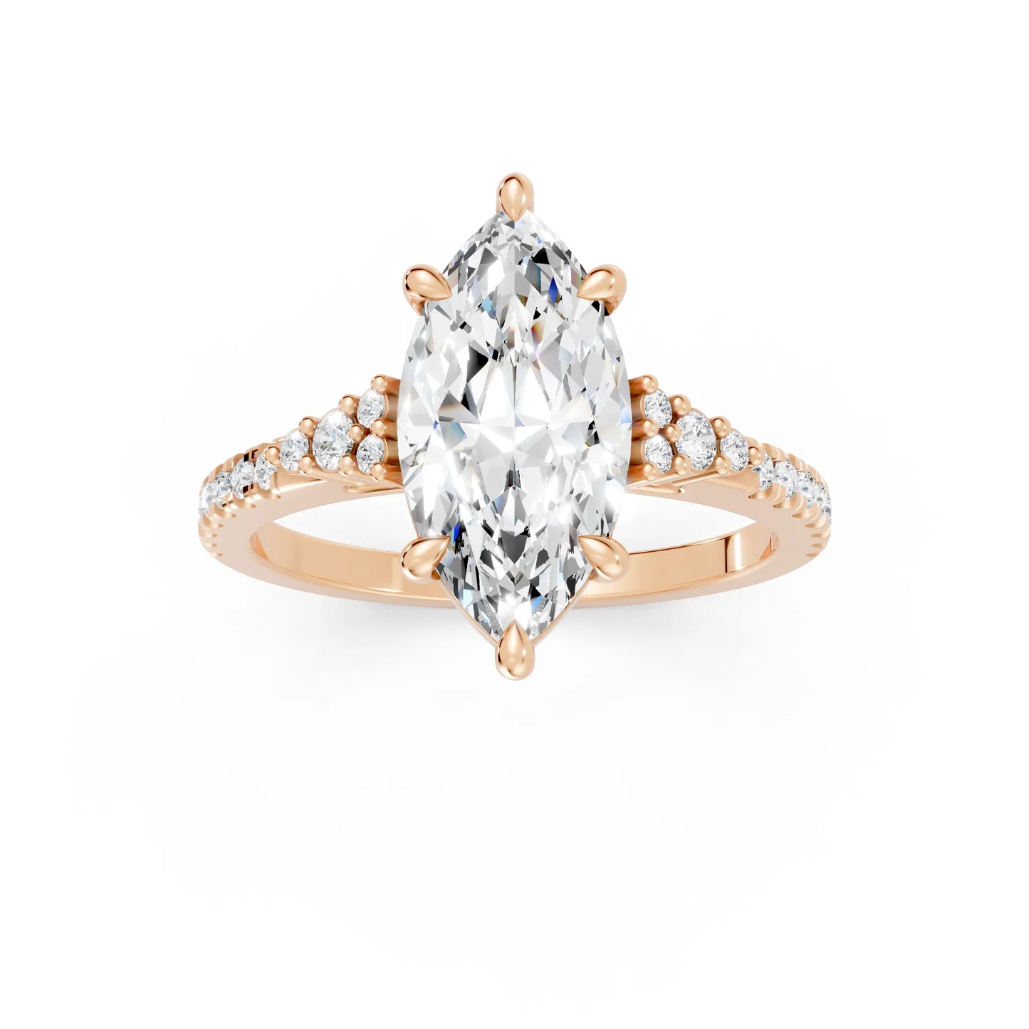 14K Gold Marquise Cut Diamond Side Cluster Cathedral Engagement Ring with Side Accents
