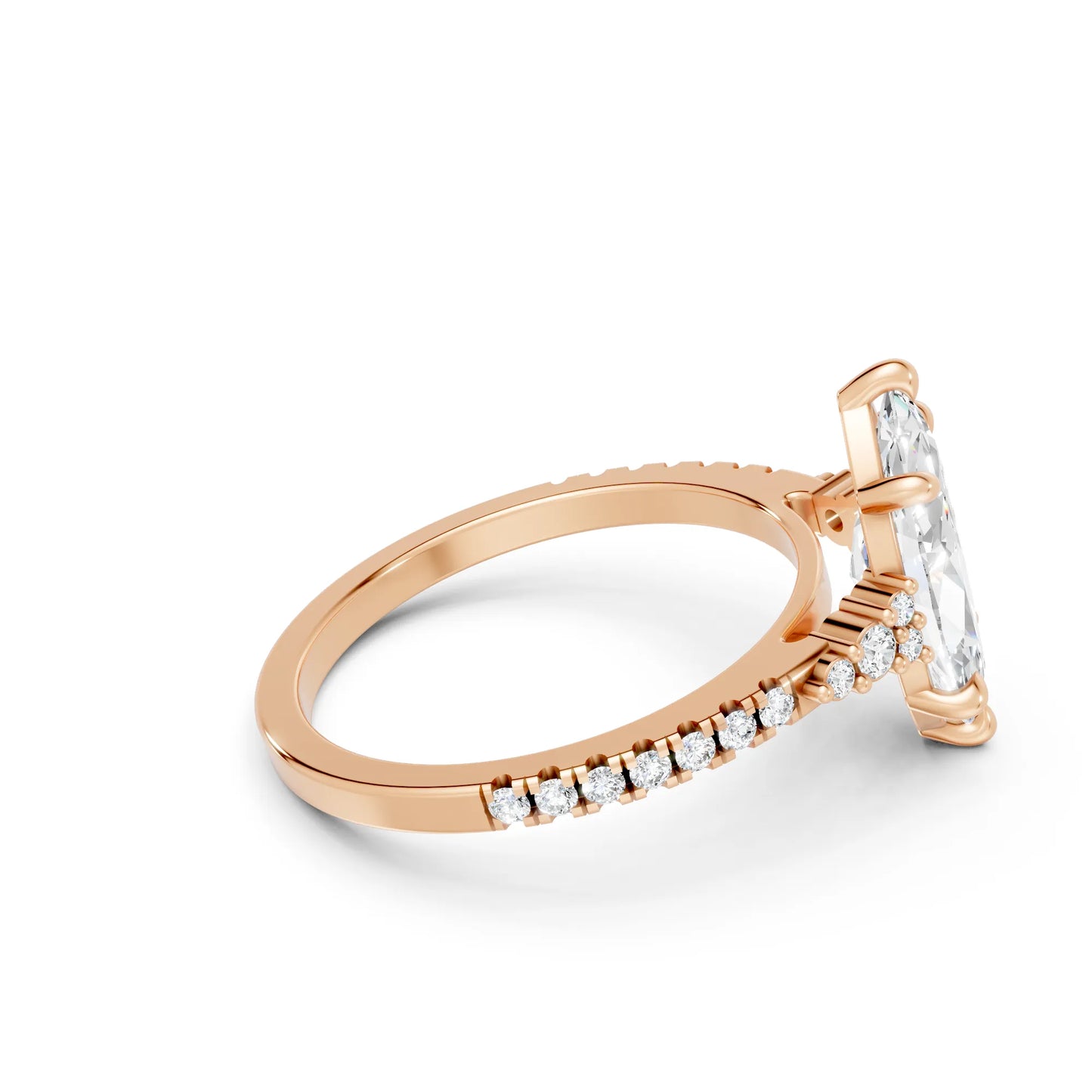 14K Gold Marquise Cut Diamond Side Cluster Cathedral Engagement Ring with Side Accents
