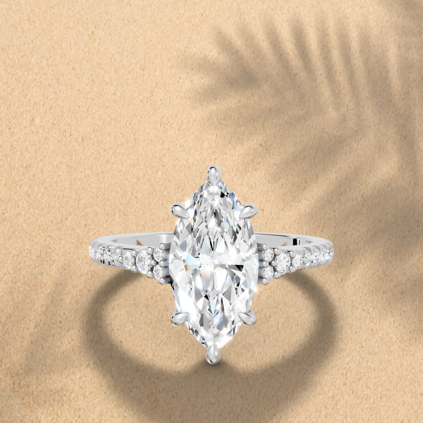 14K Gold Marquise Cut Diamond Side Cluster Cathedral Engagement Ring with Side Accents