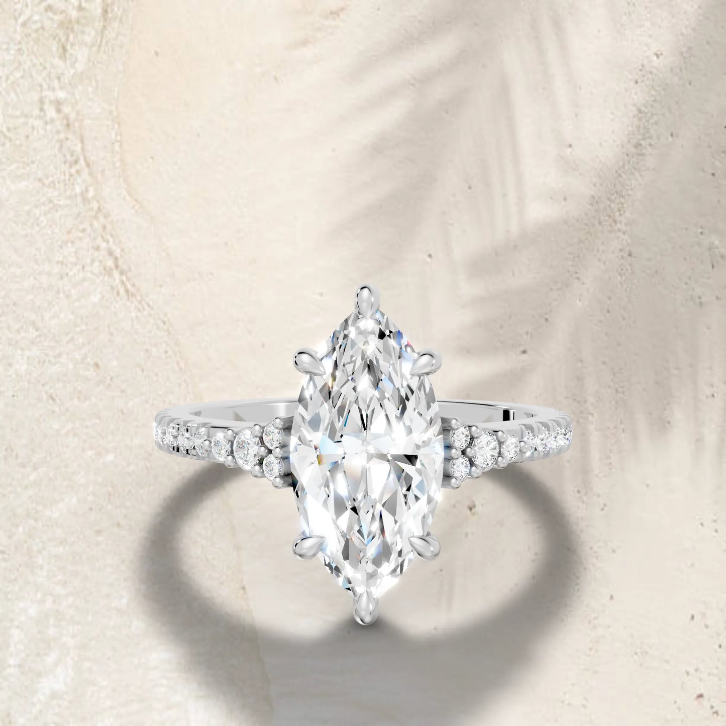 14K Gold Marquise Cut Diamond Side Cluster Cathedral Engagement Ring with Side Accents