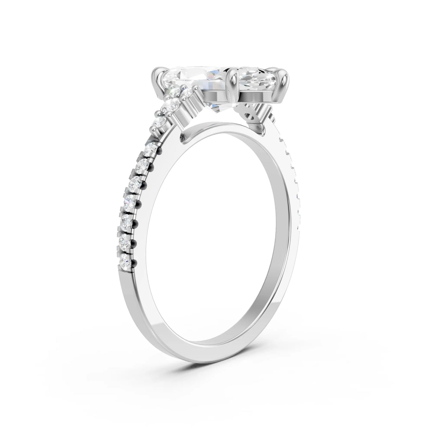 14K Gold Marquise Cut Diamond Side Cluster Cathedral Engagement Ring with Side Accents