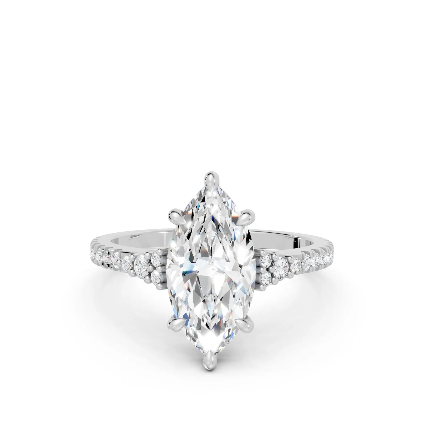 14K Gold Marquise Cut Diamond Side Cluster Cathedral Engagement Ring with Side Accents