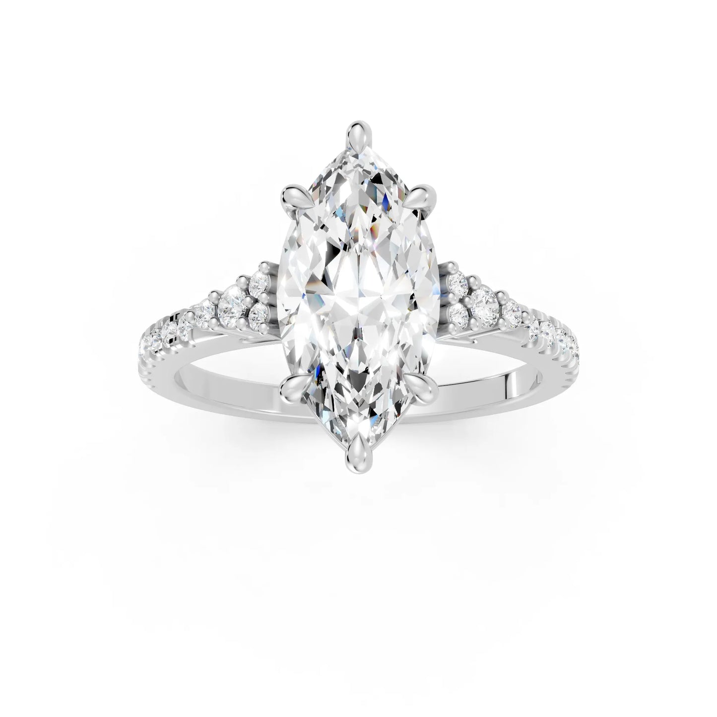 14K Gold Marquise Cut Diamond Side Cluster Cathedral Engagement Ring with Side Accents