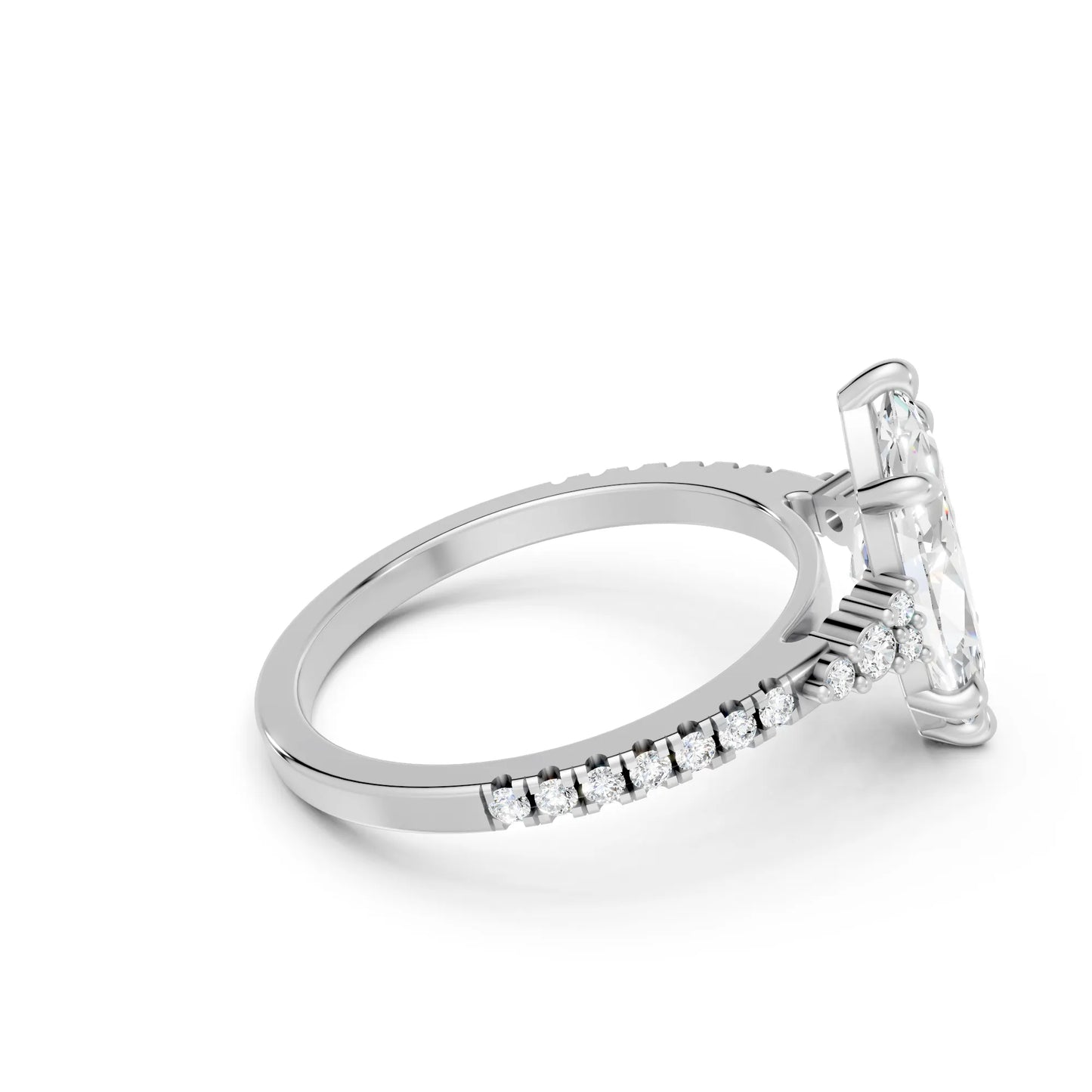 14K Gold Marquise Cut Diamond Side Cluster Cathedral Engagement Ring with Side Accents