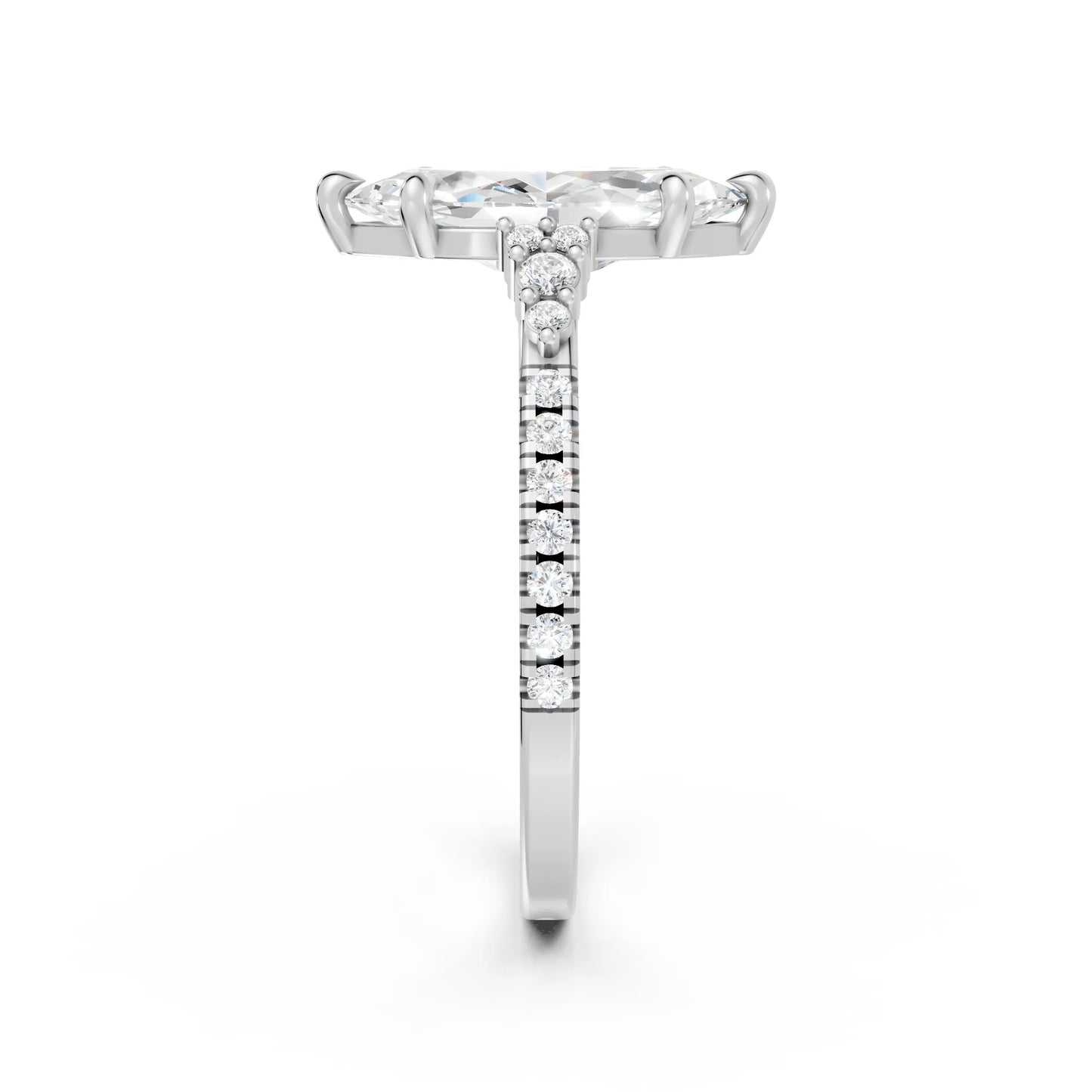 14K Gold Marquise Cut Diamond Side Cluster Cathedral Engagement Ring with Side Accents