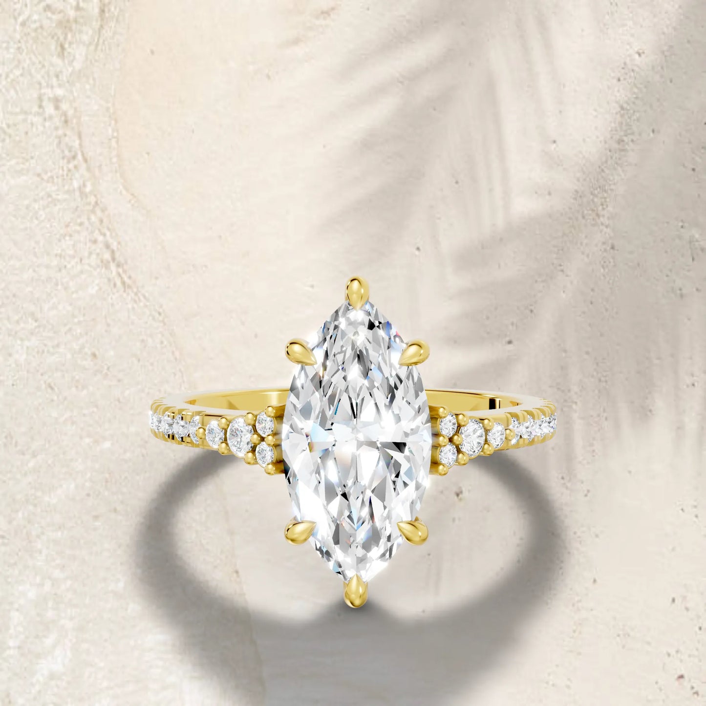 14K Gold Marquise Cut Diamond Side Cluster Cathedral Engagement Ring with Side Accents