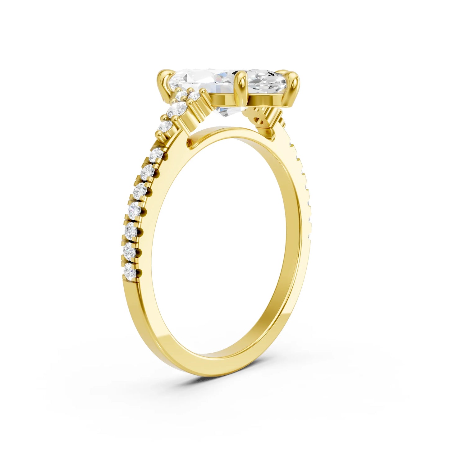 14K Gold Marquise Cut Diamond Side Cluster Cathedral Engagement Ring with Side Accents