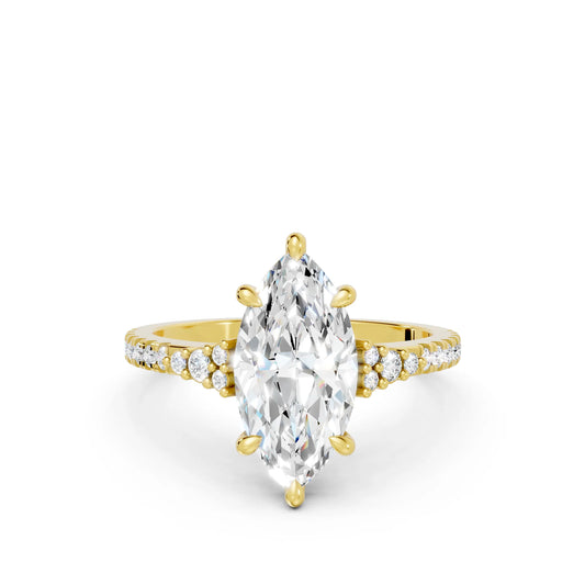 14K Gold Marquise Cut Diamond Side Cluster Cathedral Engagement Ring with Side Accents