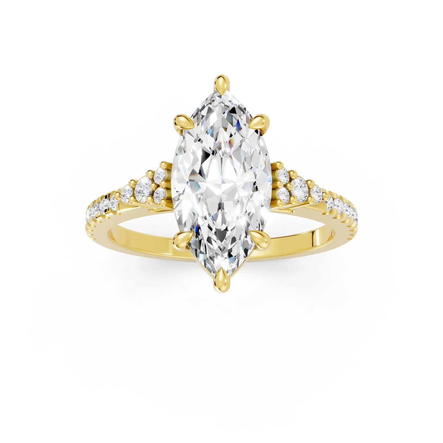 14K Gold Marquise Cut Diamond Side Cluster Cathedral Engagement Ring with Side Accents