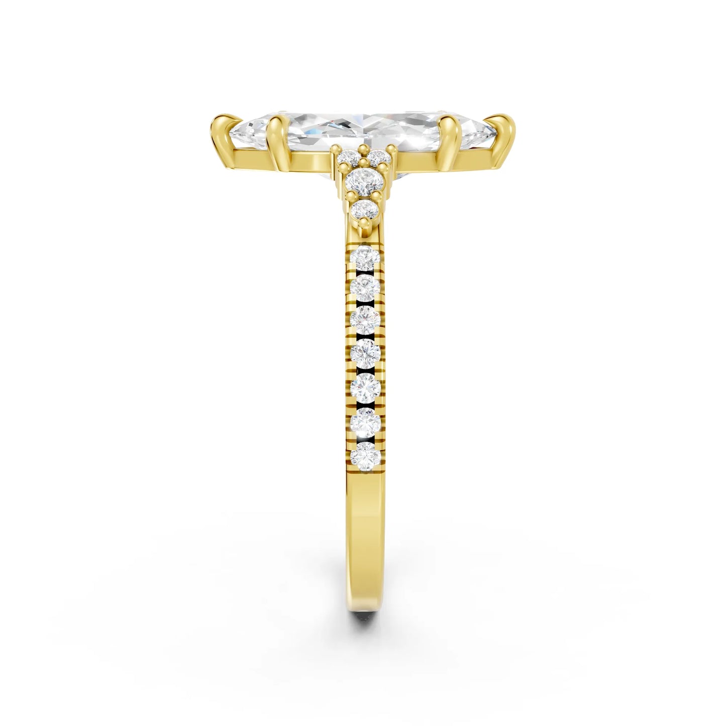 14K Gold Marquise Cut Diamond Side Cluster Cathedral Engagement Ring with Side Accents