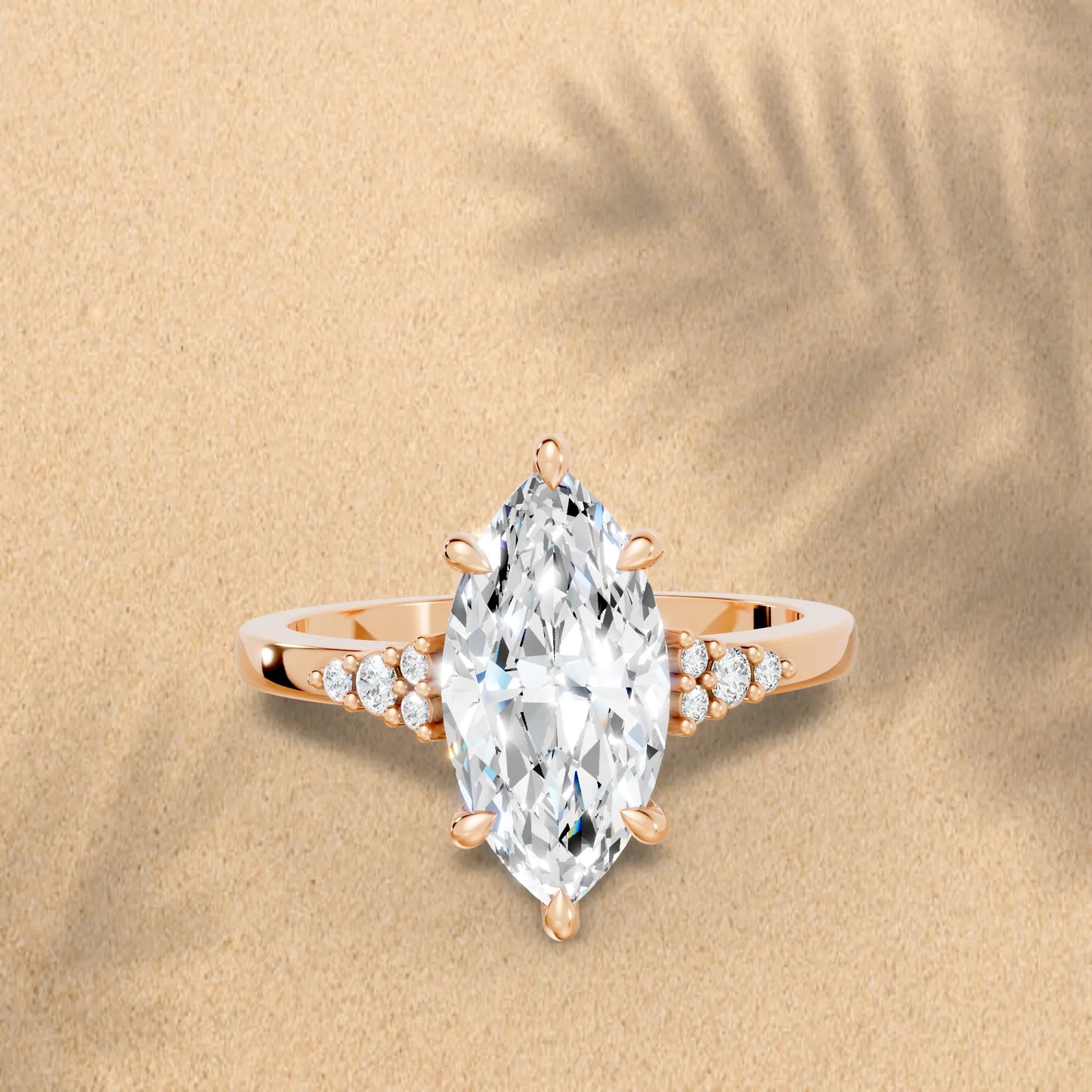 14K Gold Marquise Cut Diamond Side Cluster Cathedral Engagement Ring