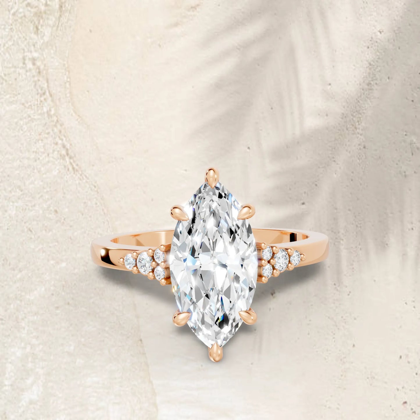 14K Gold Marquise Cut Diamond Side Cluster Cathedral Engagement Ring