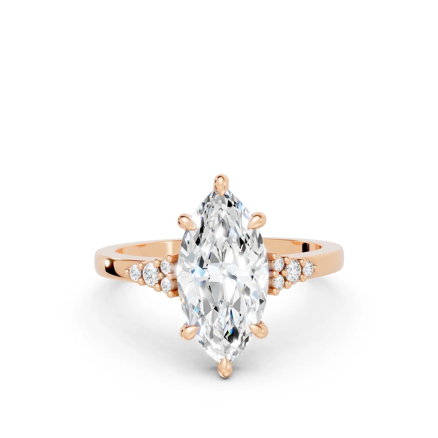 14K Gold Marquise Cut Diamond Side Cluster Cathedral Engagement Ring
