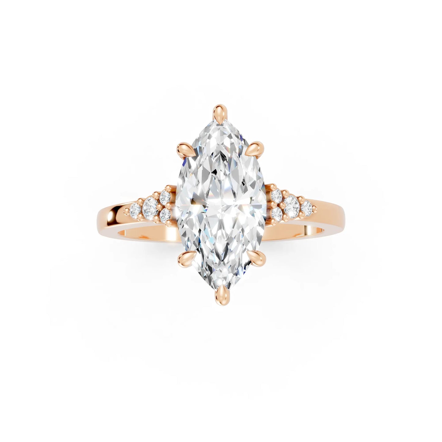 14K Gold Marquise Cut Diamond Side Cluster Cathedral Engagement Ring