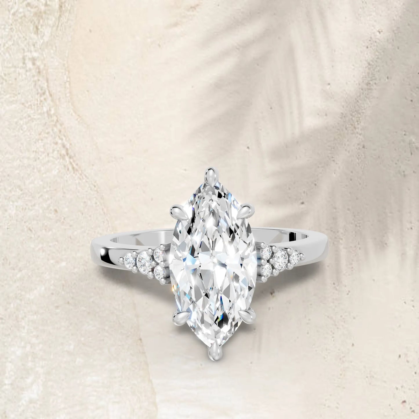 14K Gold Marquise Cut Diamond Side Cluster Cathedral Engagement Ring