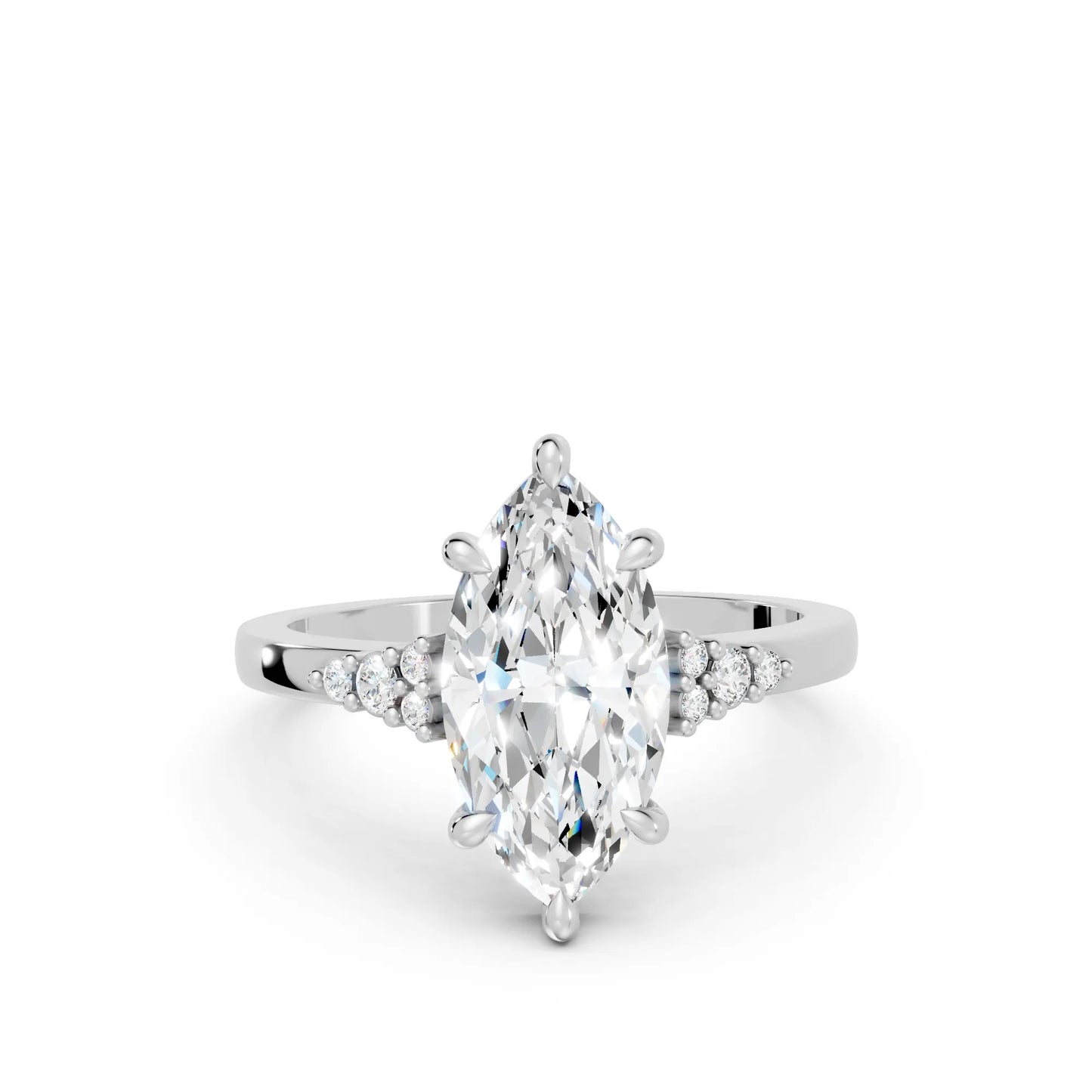 14K Gold Marquise Cut Diamond Side Cluster Cathedral Engagement Ring