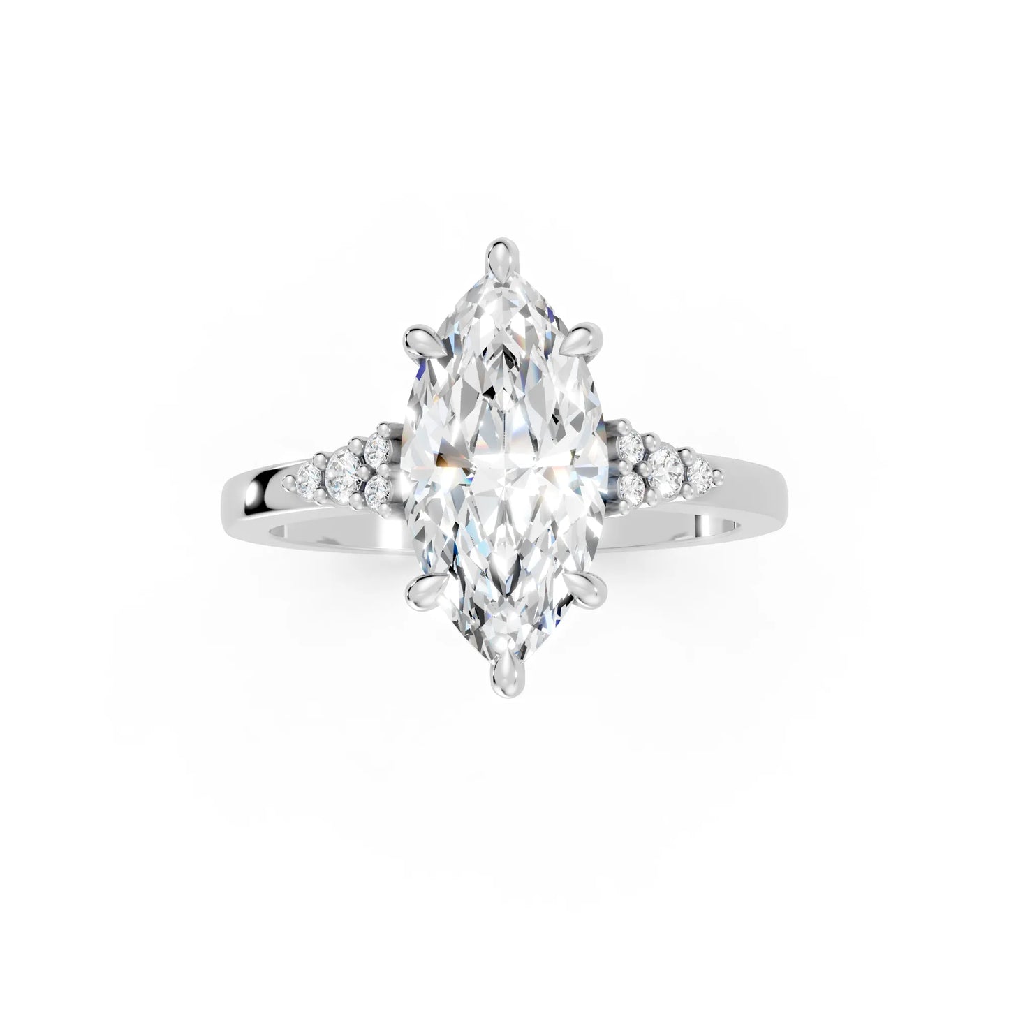 14K Gold Marquise Cut Diamond Side Cluster Cathedral Engagement Ring