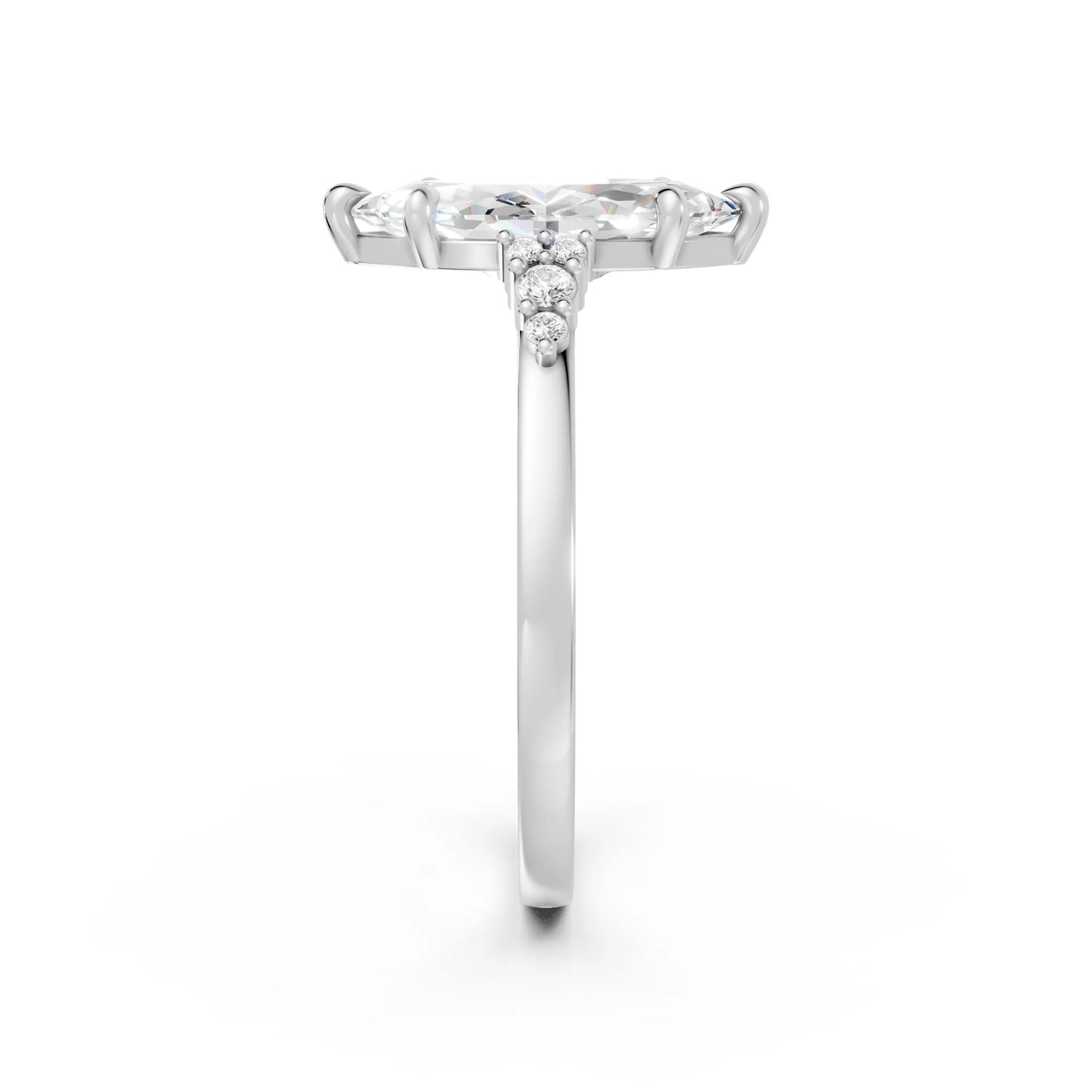 14K Gold Marquise Cut Diamond Side Cluster Cathedral Engagement Ring