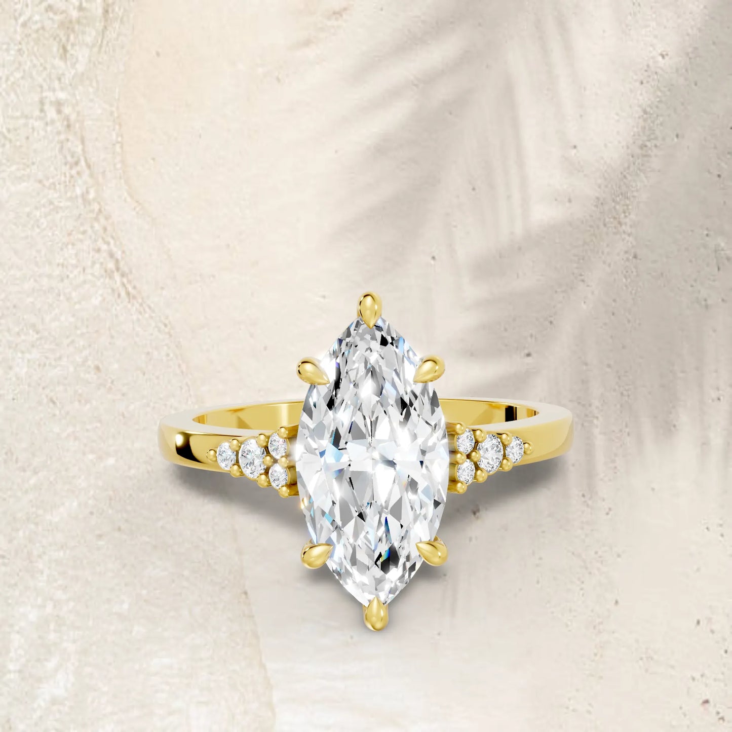 14K Gold Marquise Cut Diamond Side Cluster Cathedral Engagement Ring