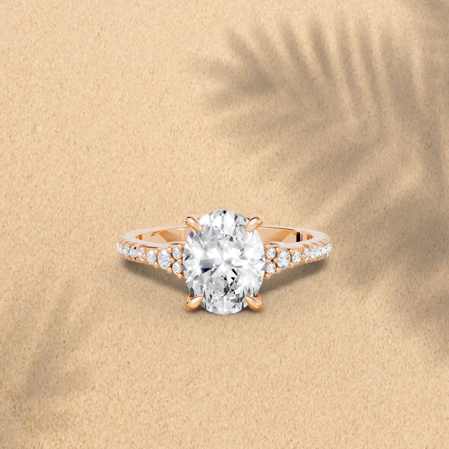 14K Gold Oval Cut Diamond Side Cluster Cathedral Engagement Ring with Side Accents