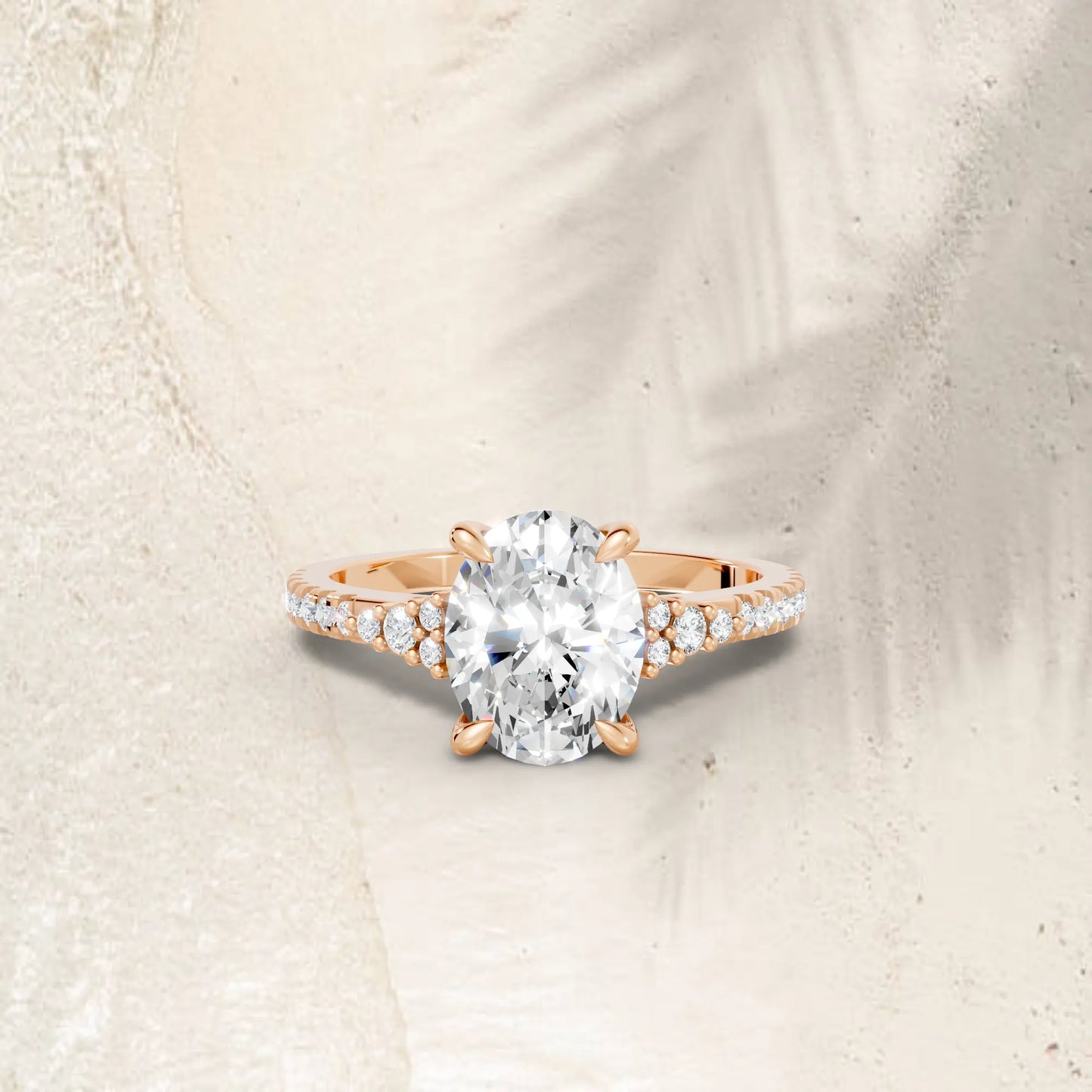 14K Gold Oval Cut Diamond Side Cluster Cathedral Engagement Ring with Side Accents
