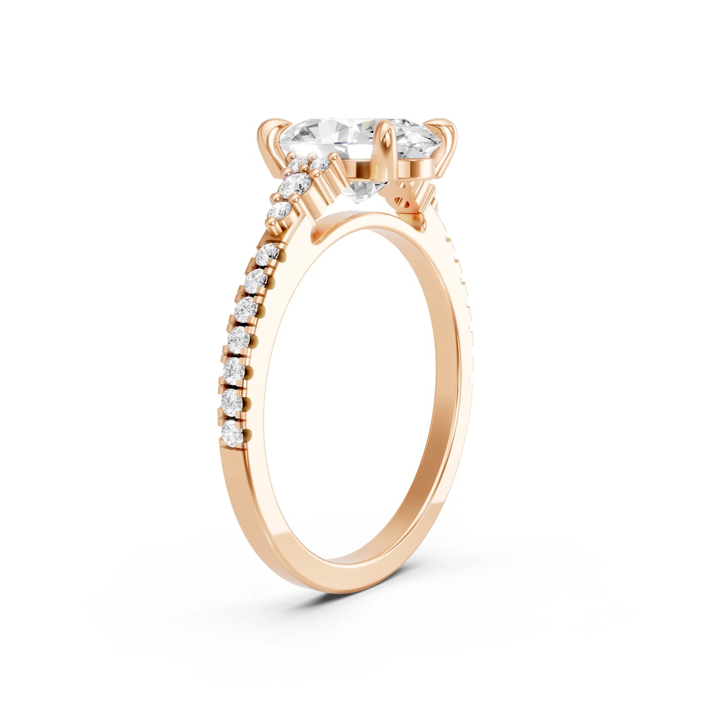 14K Gold Oval Cut Diamond Side Cluster Cathedral Engagement Ring with Side Accents