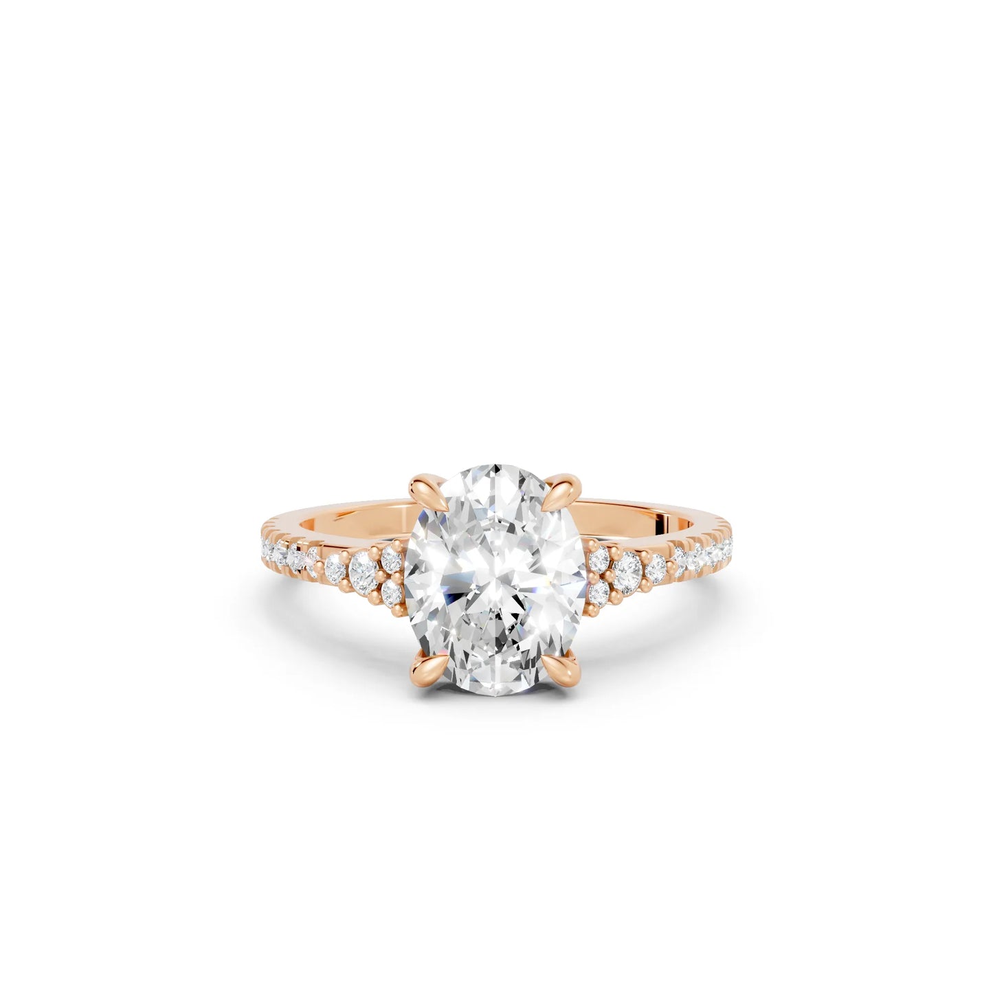 14K Gold Oval Cut Diamond Side Cluster Cathedral Engagement Ring with Side Accents