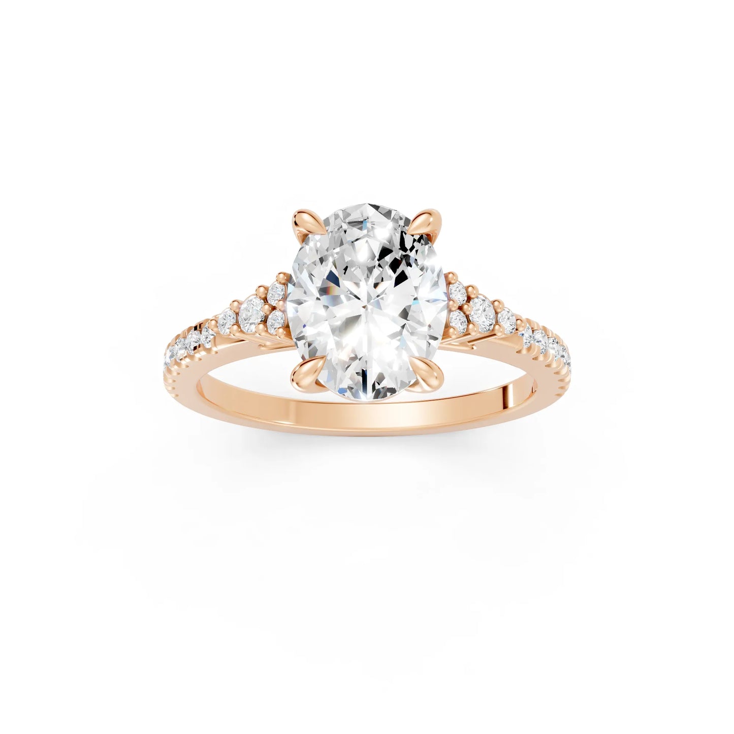 14K Gold Oval Cut Diamond Side Cluster Cathedral Engagement Ring with Side Accents