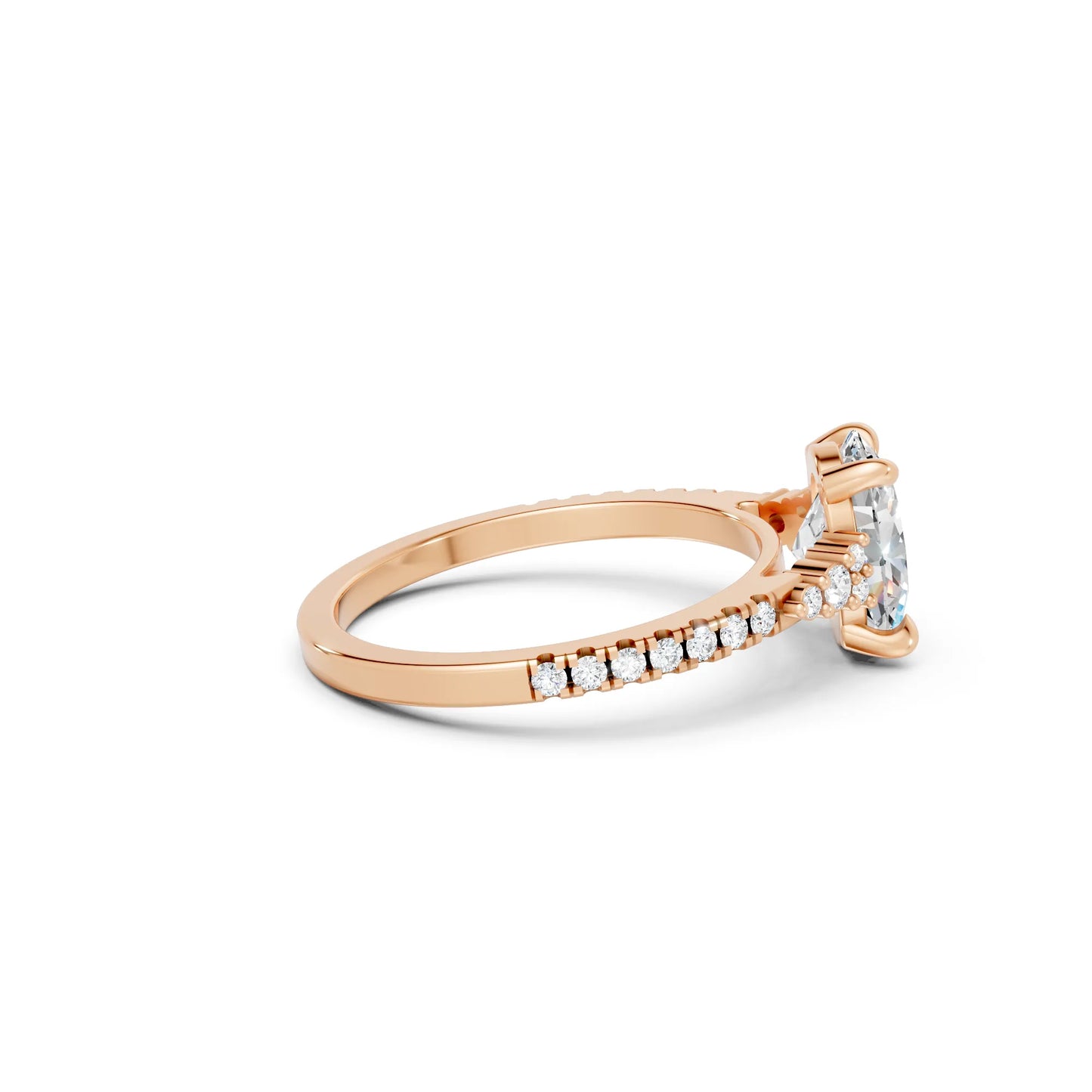 14K Gold Oval Cut Diamond Side Cluster Cathedral Engagement Ring with Side Accents